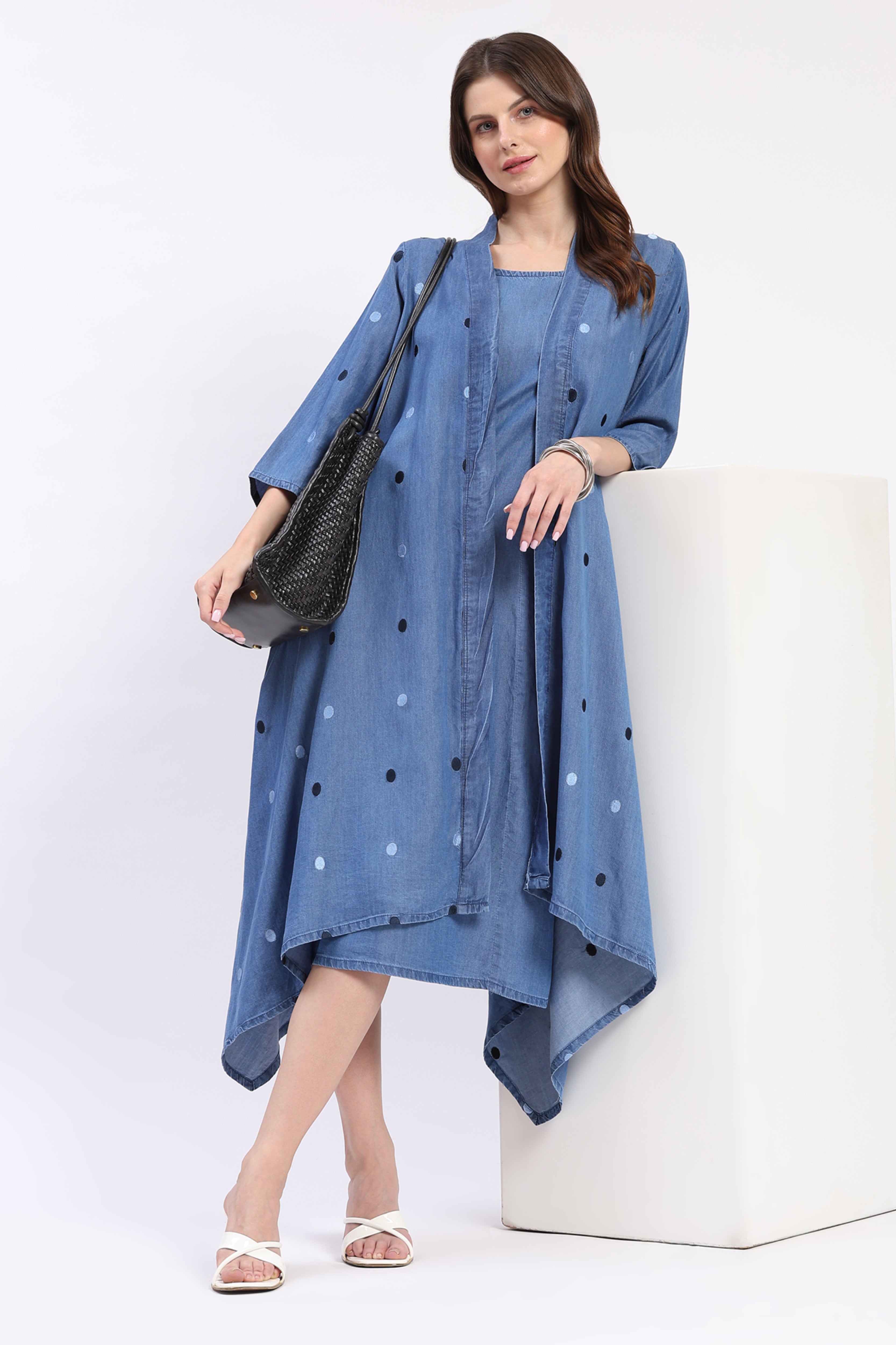 Blue Chambray Embroidered Dress with Shrug
