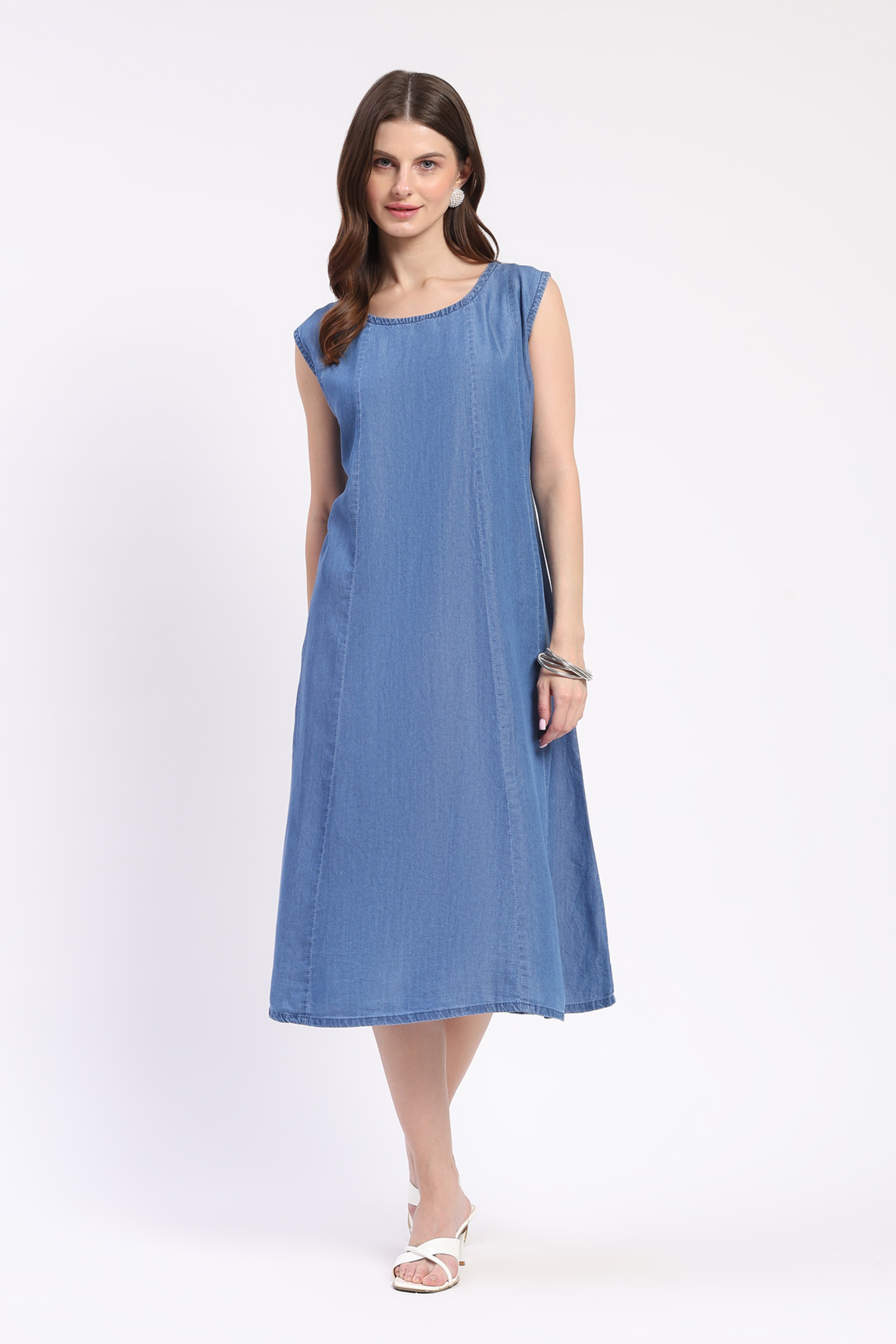 Blue Chambray Embroidered Dress with Shrug