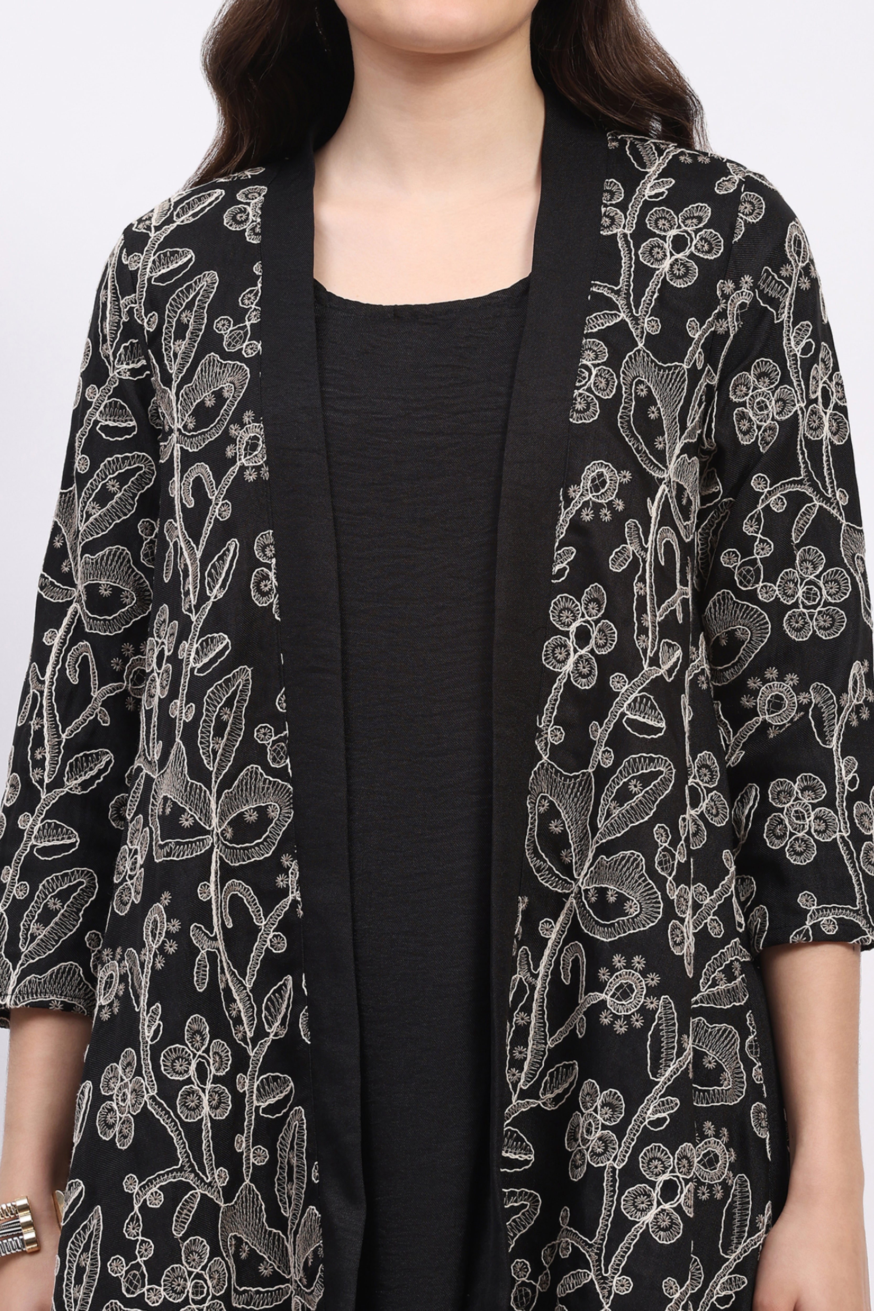 Black Embroidered Kurta with Shrug Set