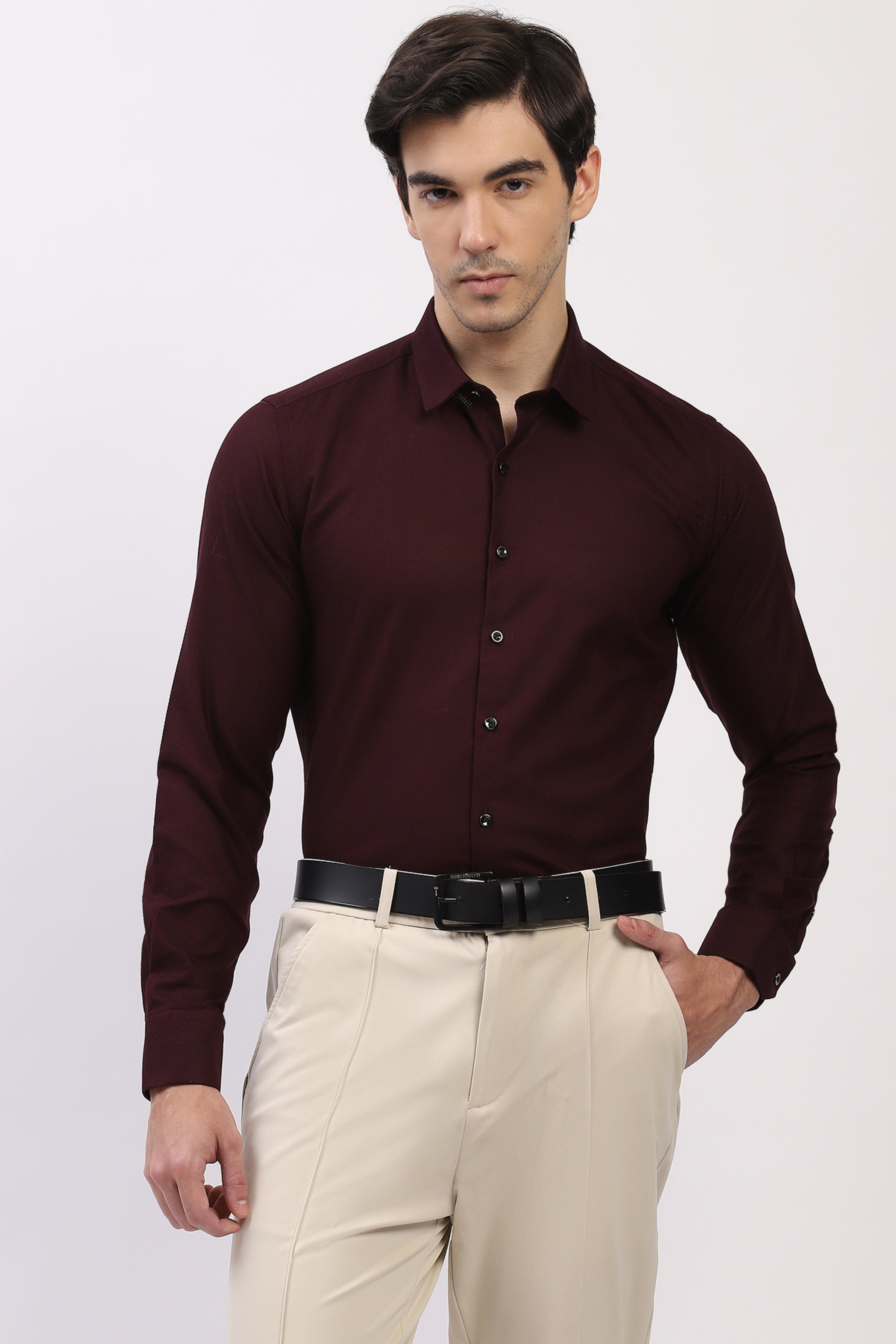 Wine Cotton Self Design Shirt