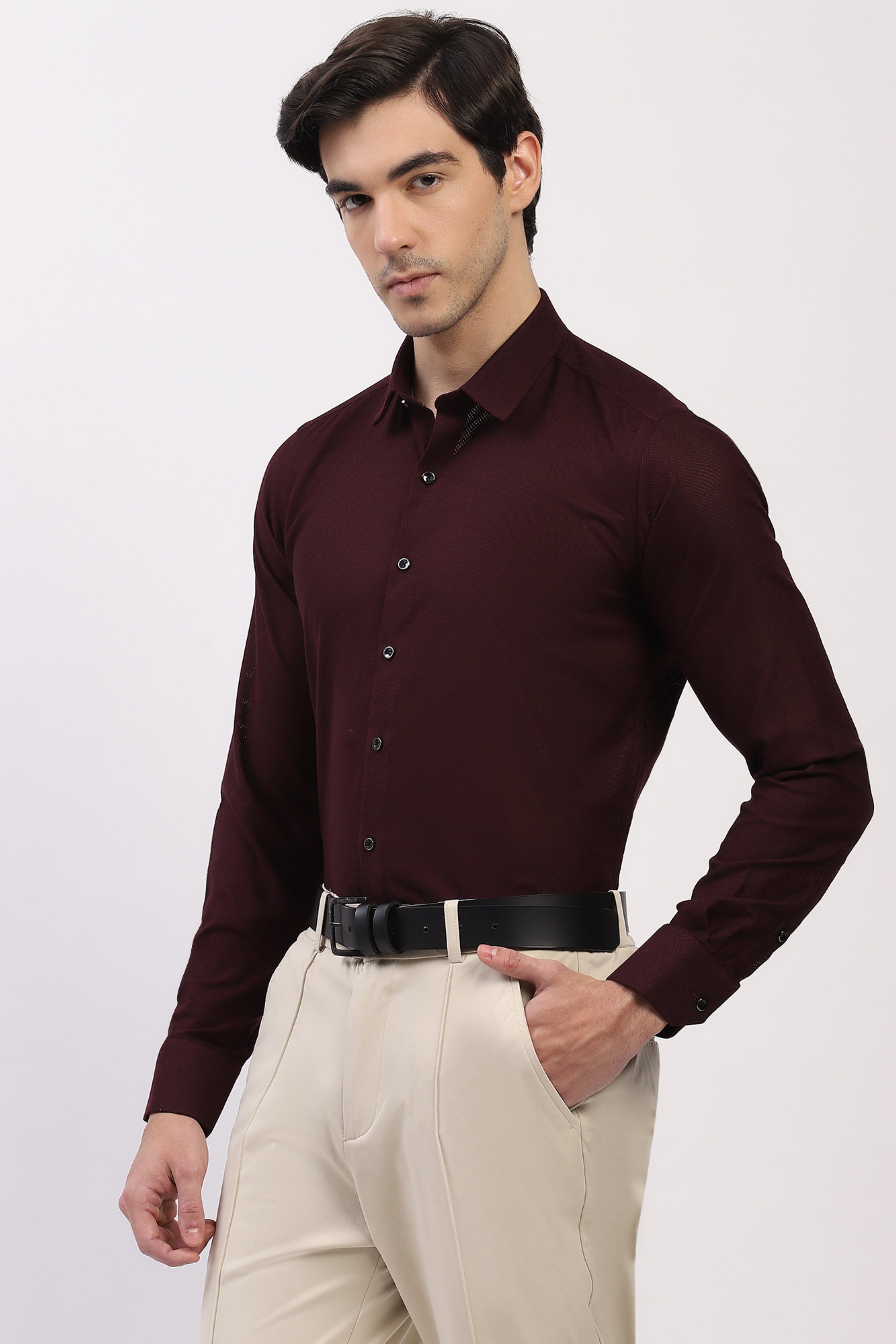 Wine Cotton Self Design Shirt