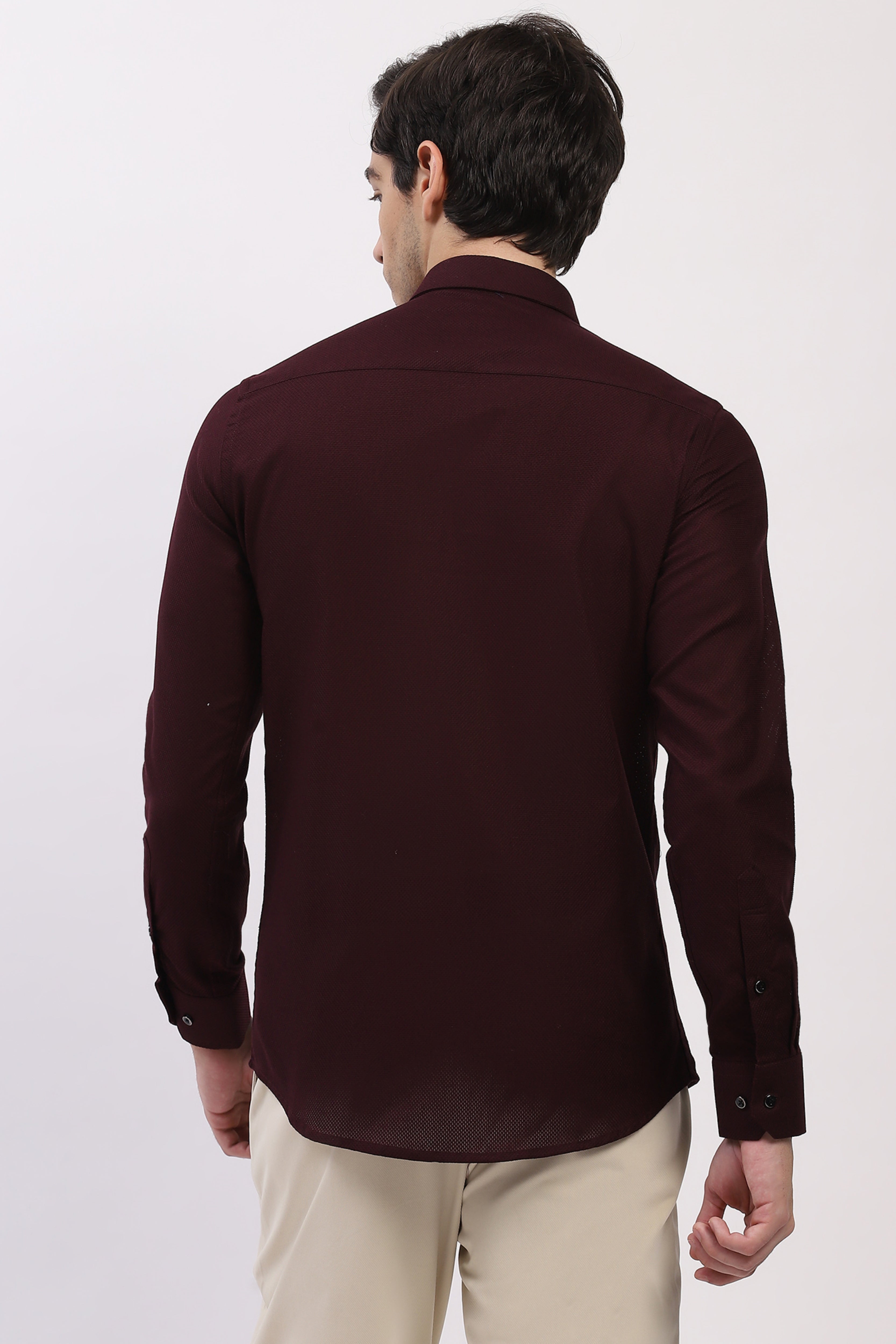 Wine Cotton Self Design Shirt