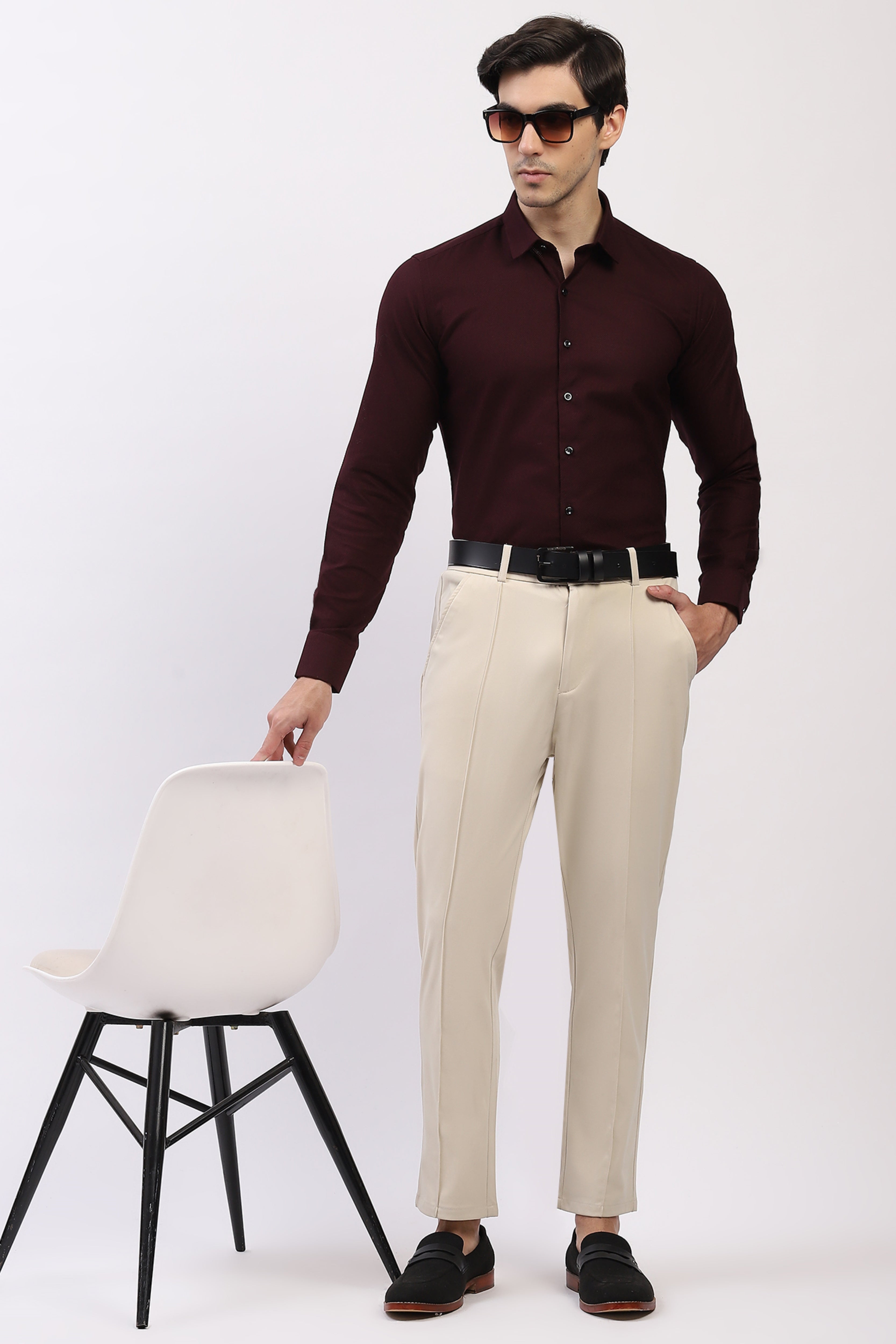 Wine Cotton Self Design Shirt