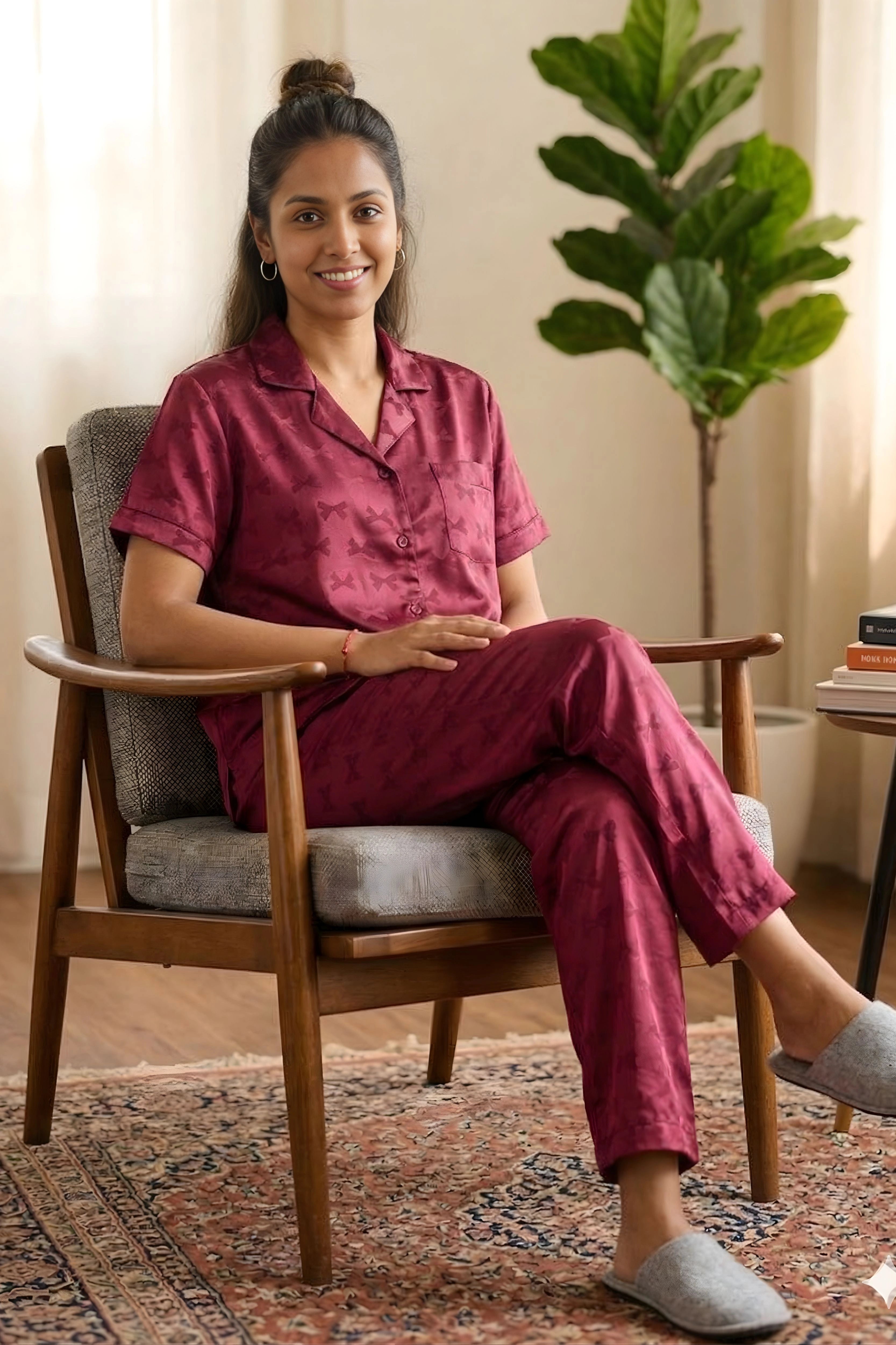 Wine Poly Satin Self-Design Night Suit Set