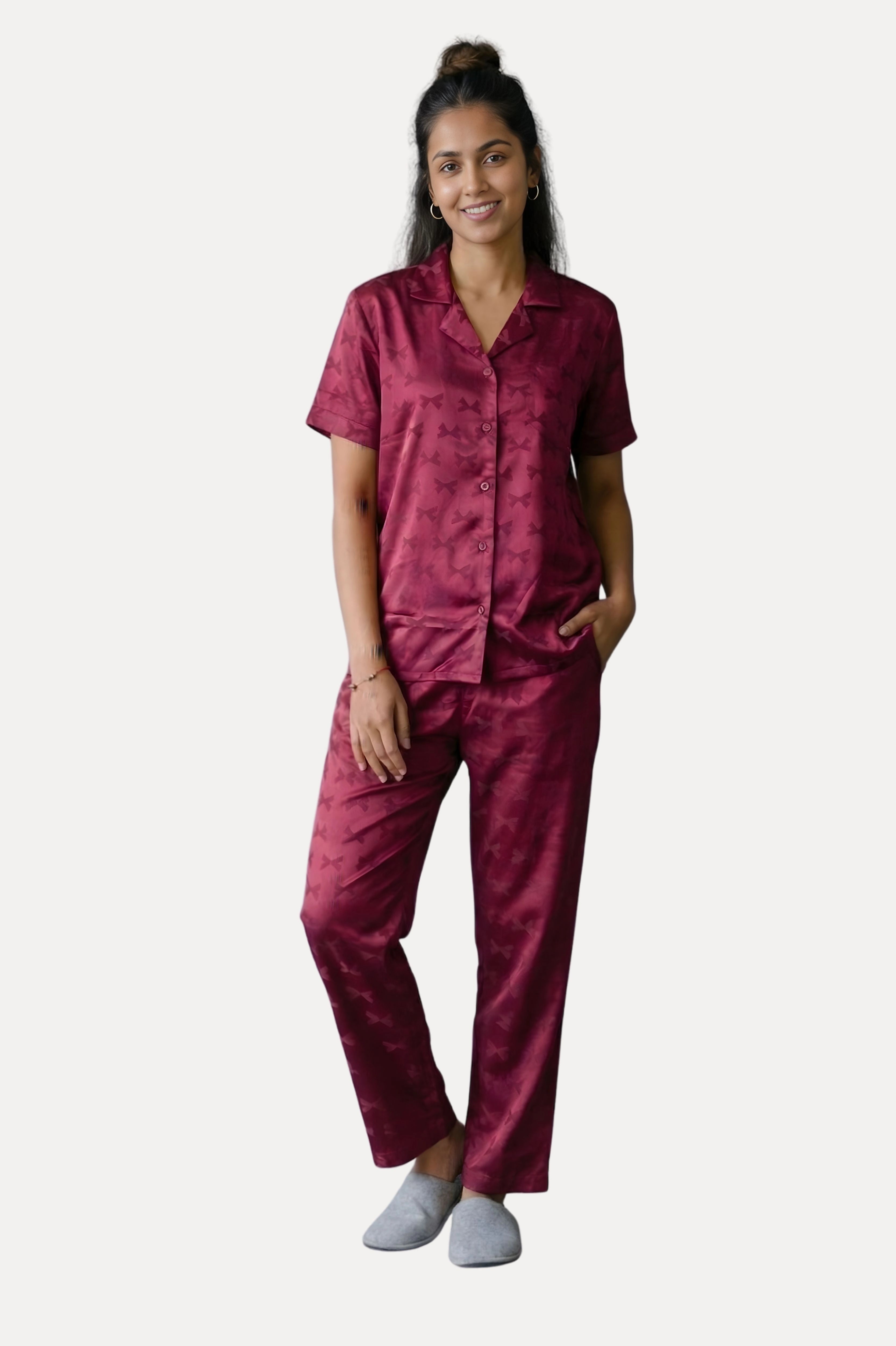 Wine Poly Satin Self-Design Night Suit Set