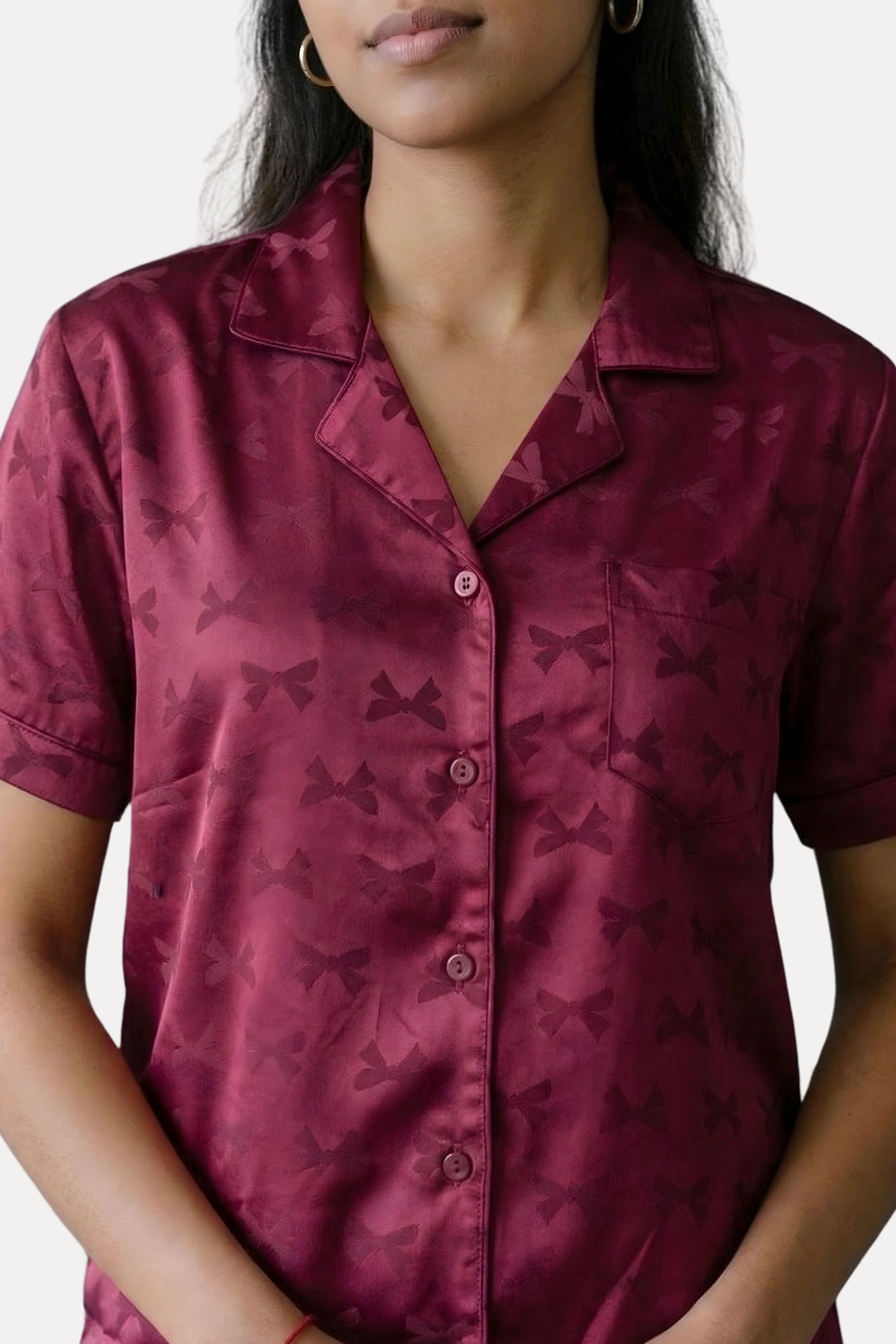 Wine Poly Satin Self-Design Night Suit Set