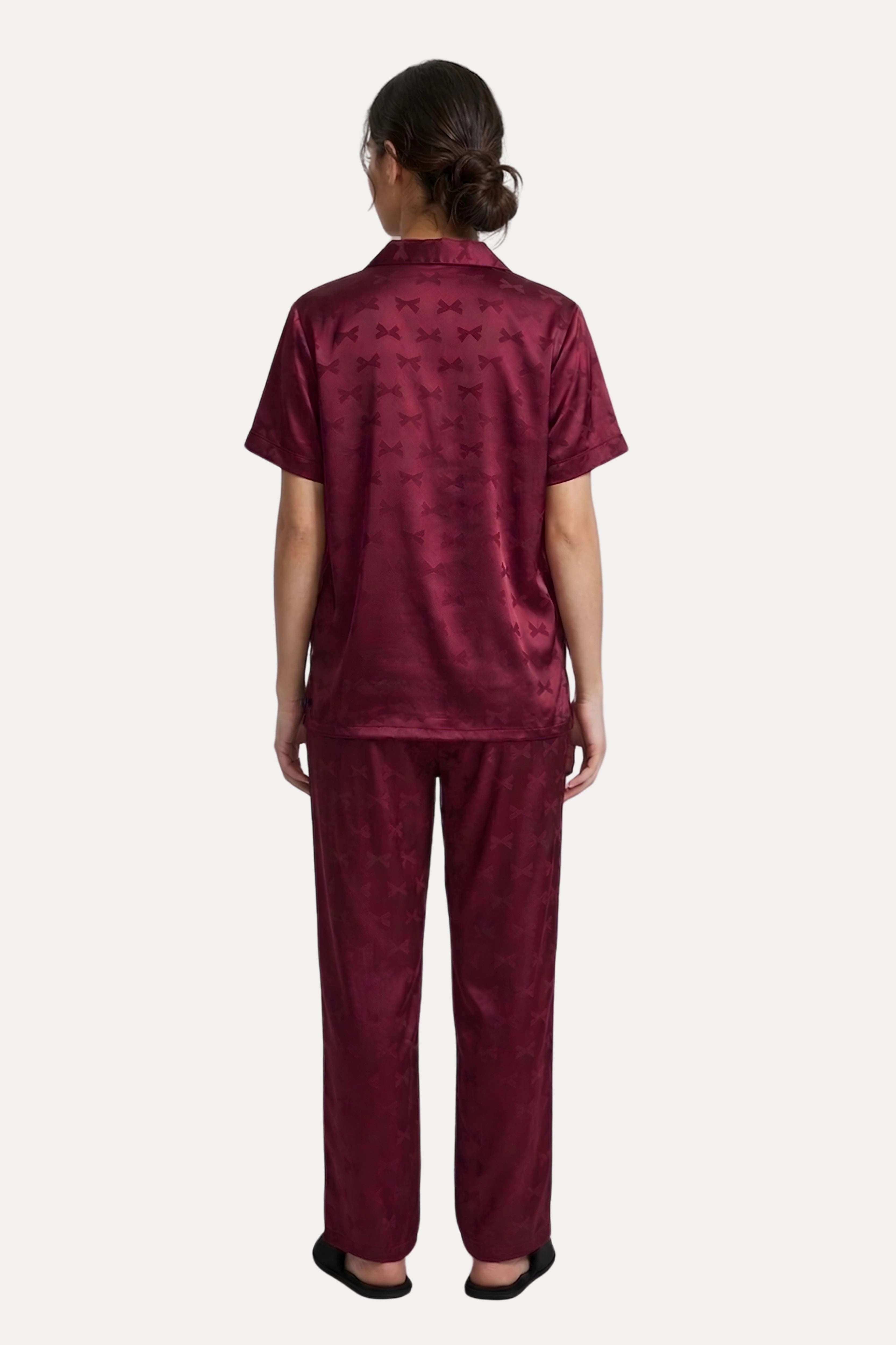 Wine Poly Satin Self-Design Night Suit Set