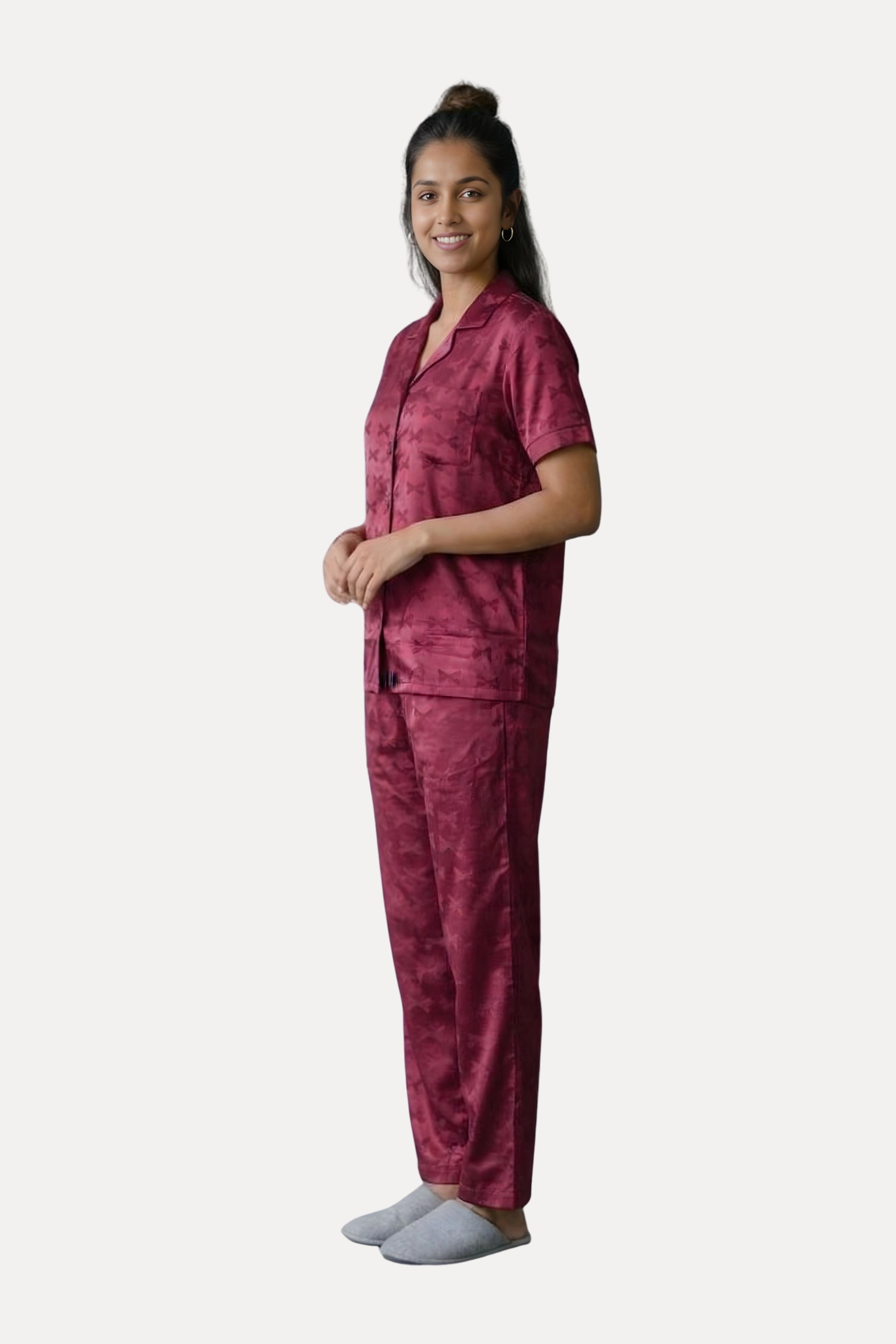 Wine Poly Satin Self-Design Night Suit Set
