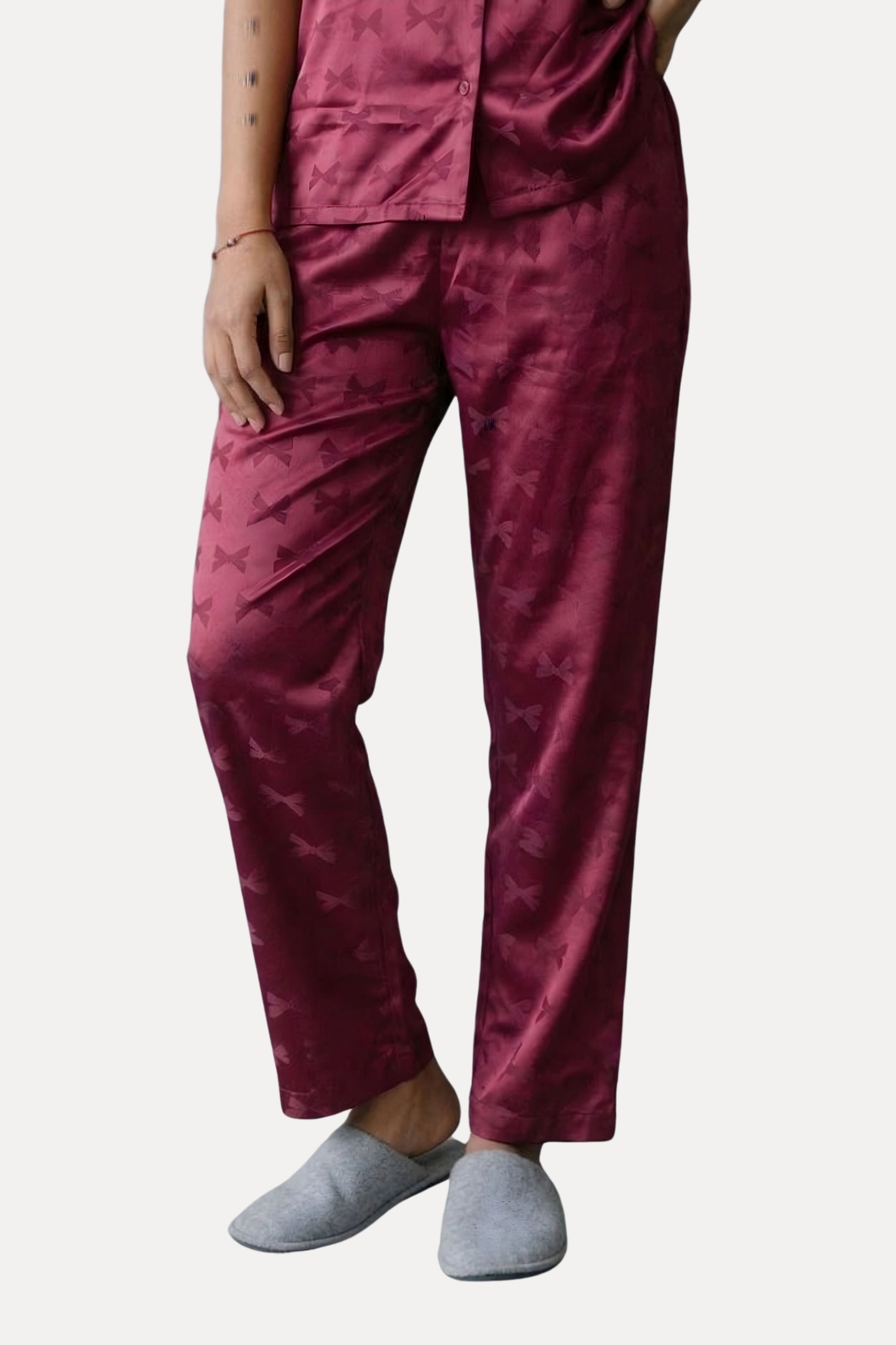 Wine Poly Satin Self-Design Night Suit Set