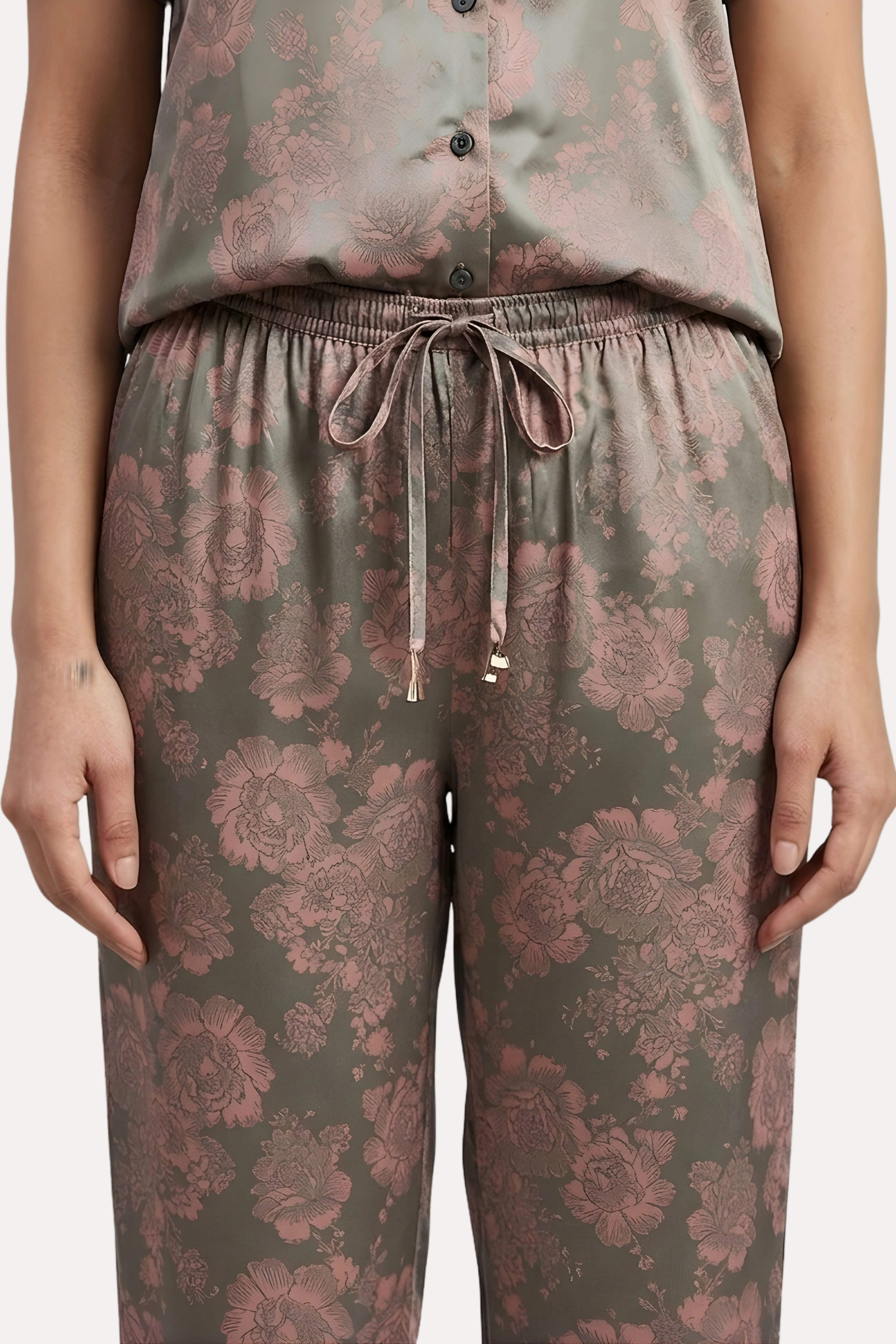 Grey Satin Floral Jacquard Night Suit Set