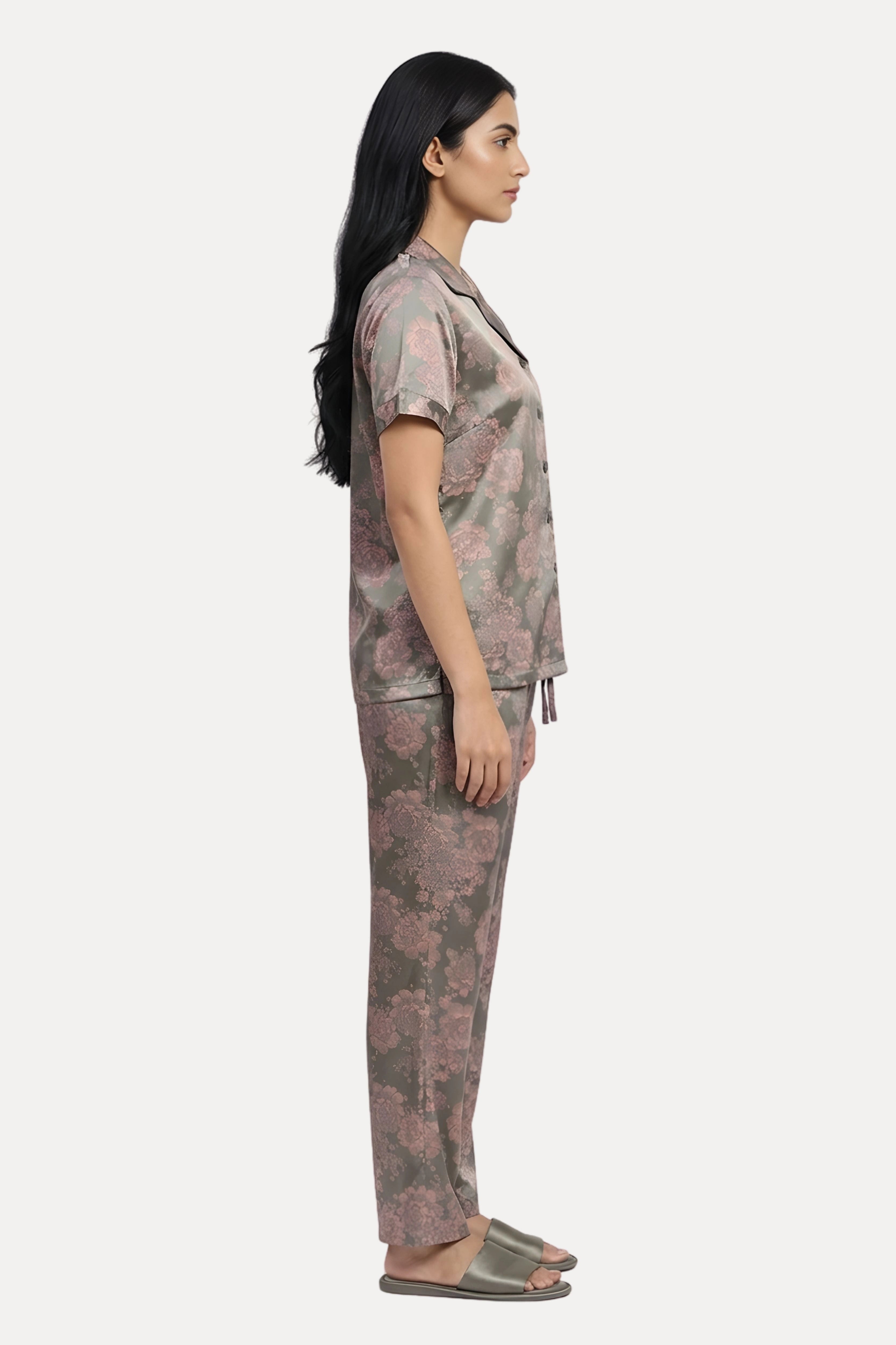 Grey Satin Floral Jacquard Night Suit Set