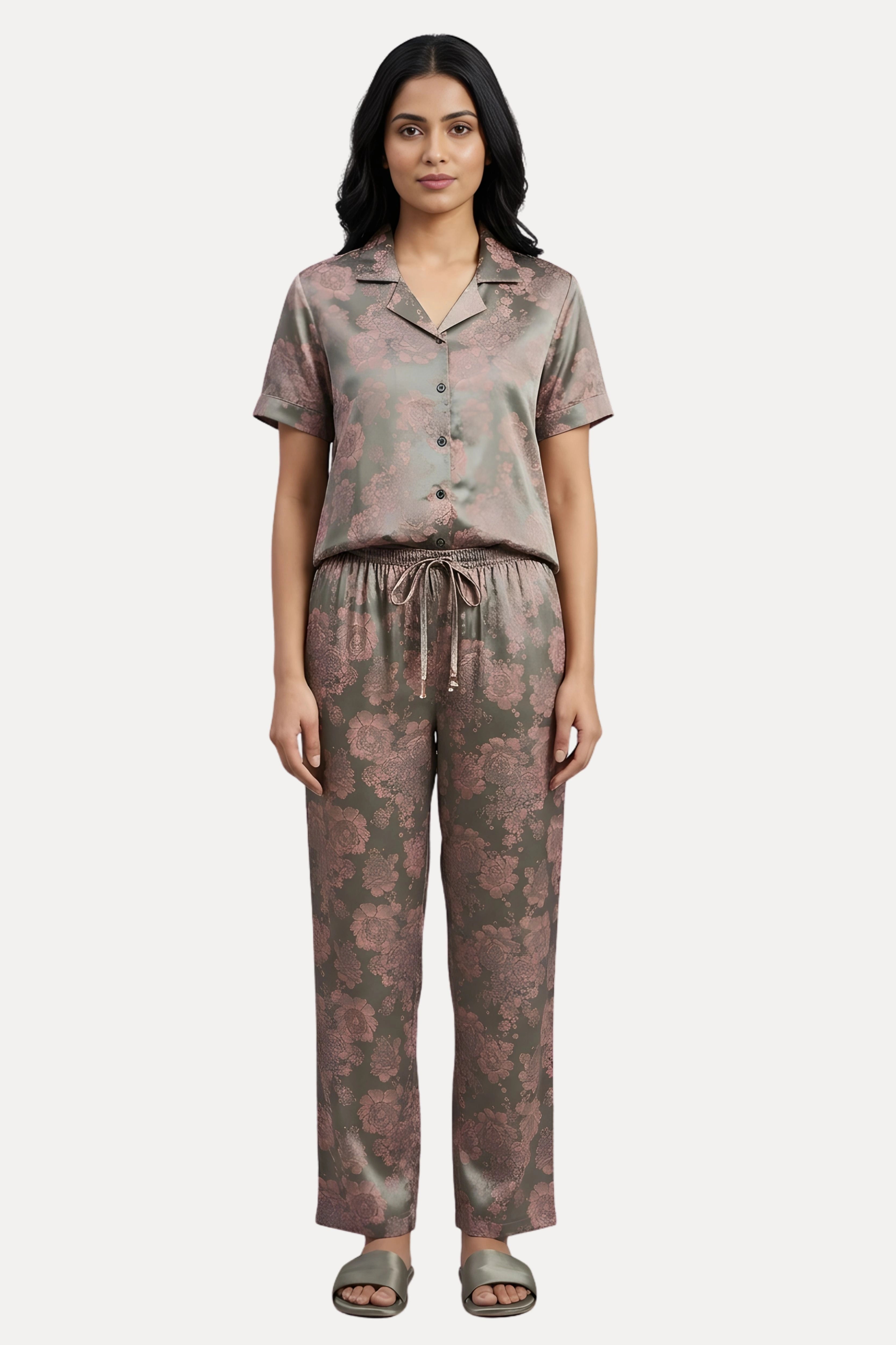 Grey Satin Floral Jacquard Night Suit Set