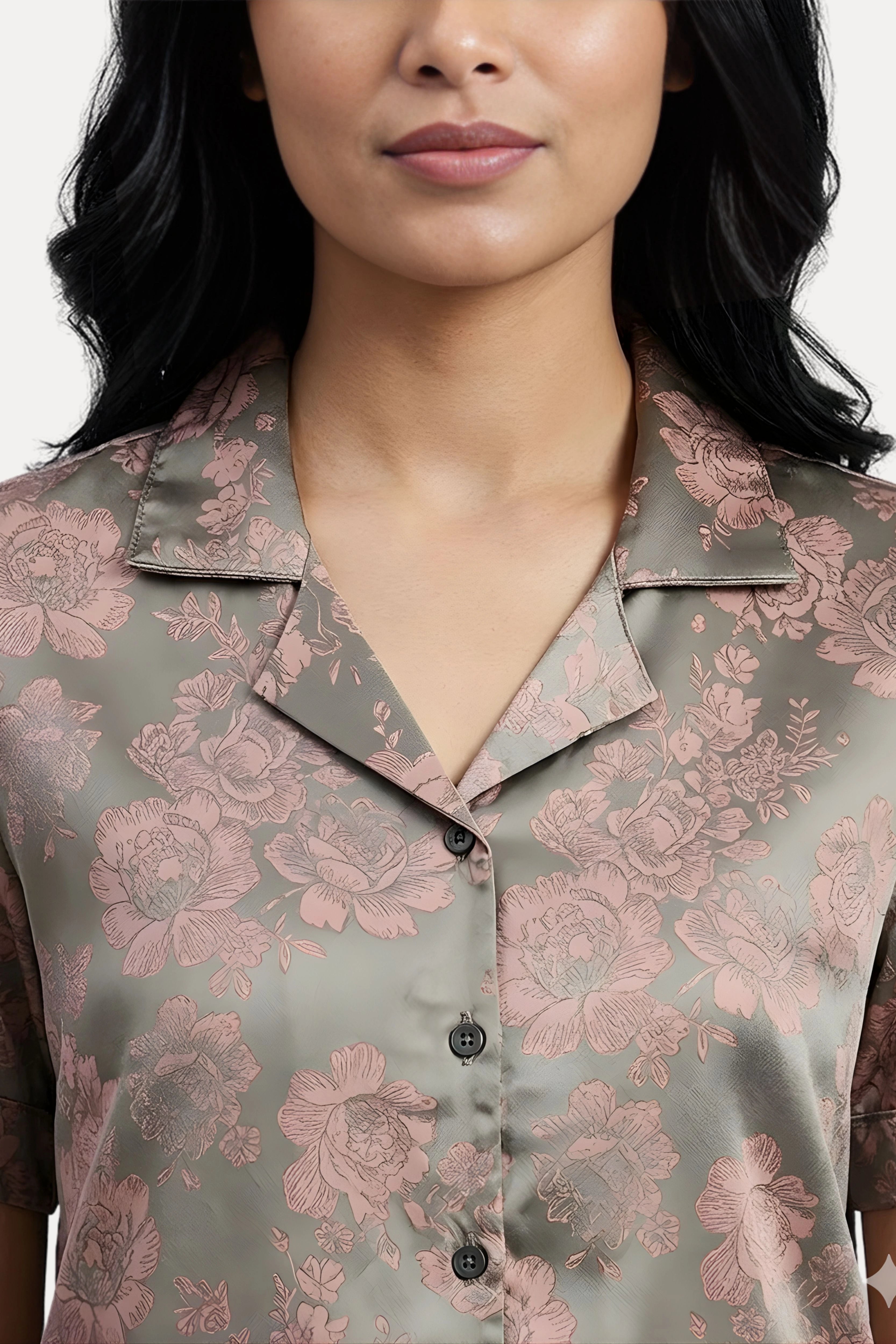 Grey Satin Floral Jacquard Night Suit Set