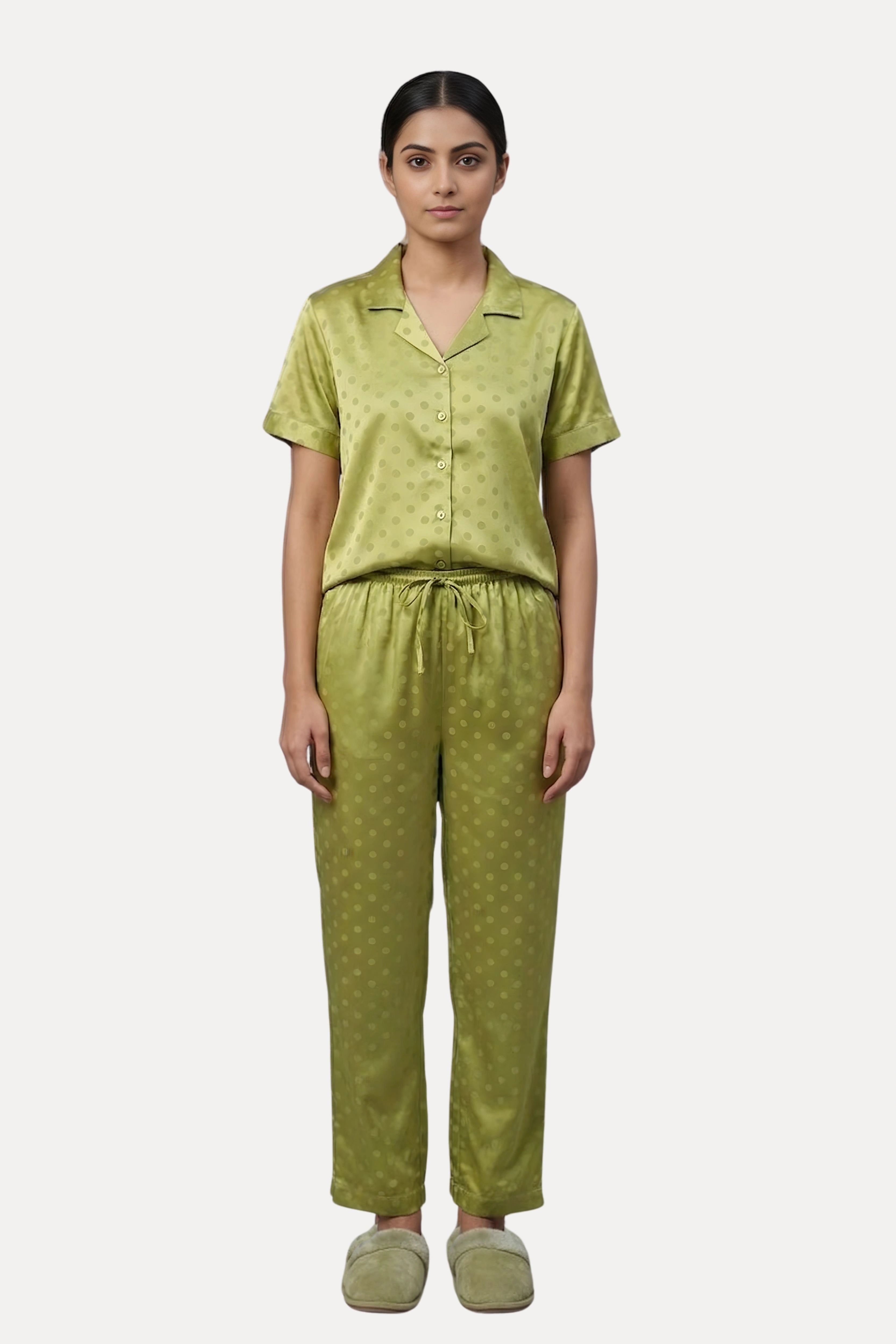 Green Poly Satin Polka Dot Night Suit Set