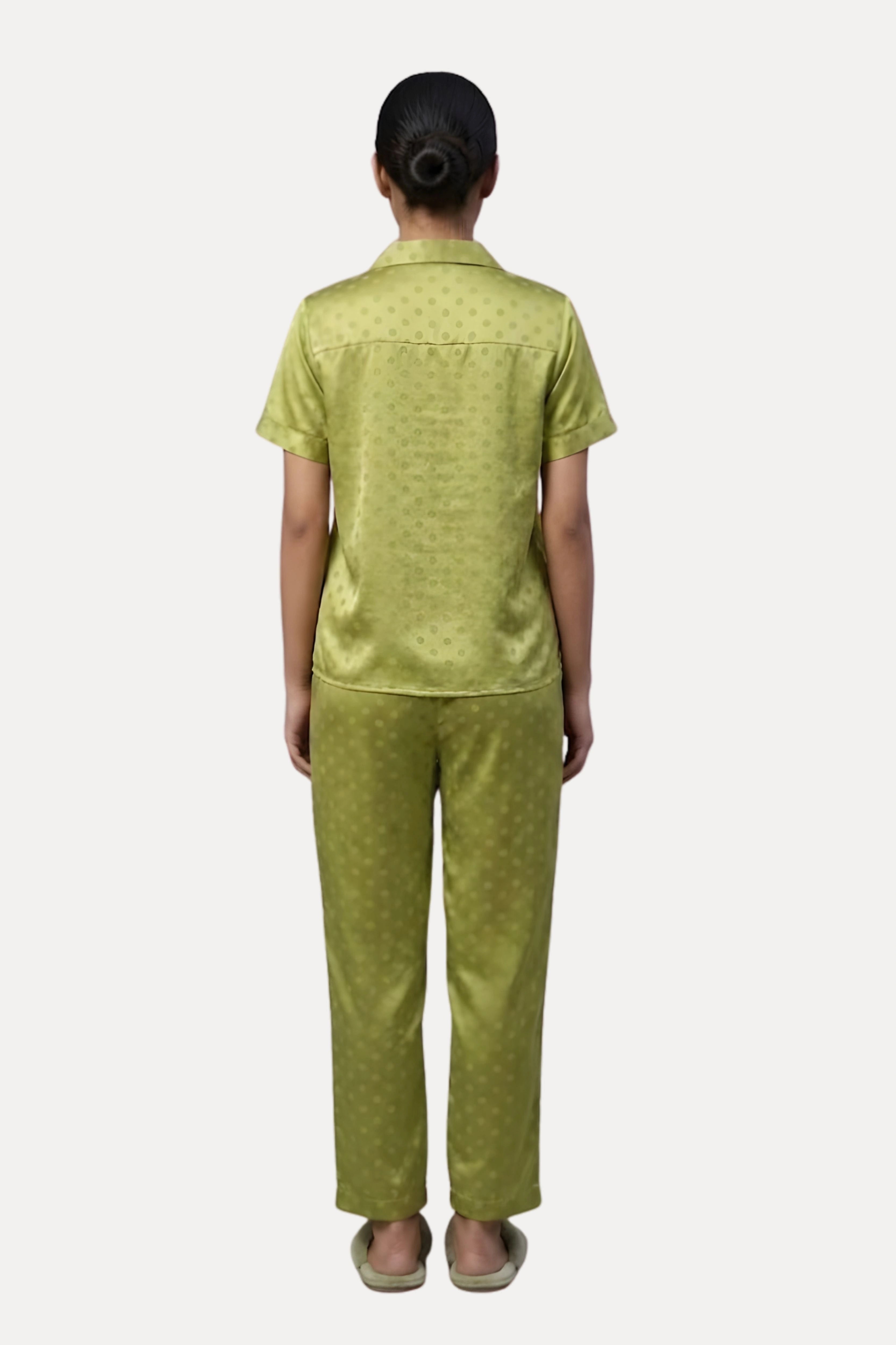 Green Poly Satin Polka Dot Night Suit Set