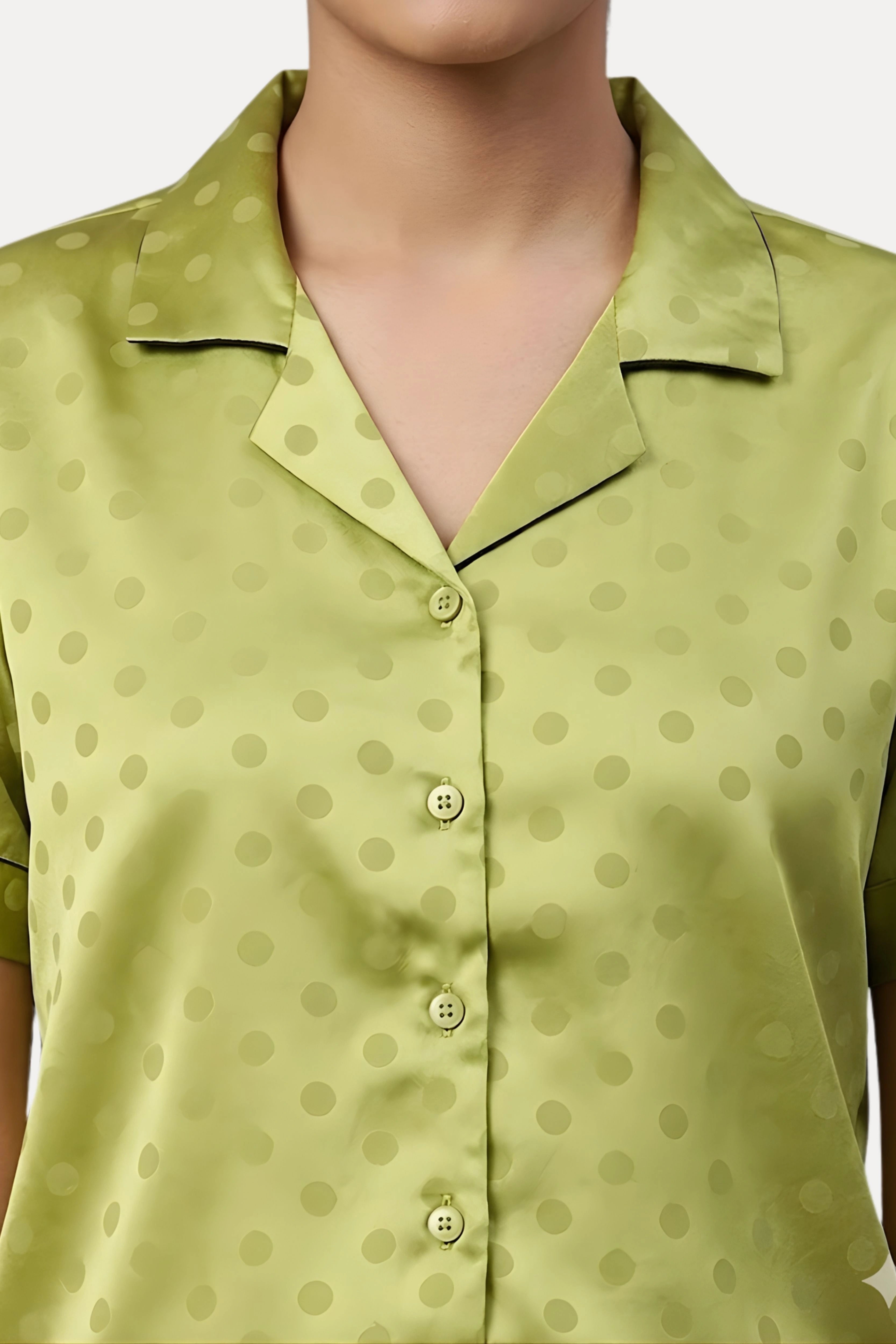 Green Poly Satin Polka Dot Night Suit Set
