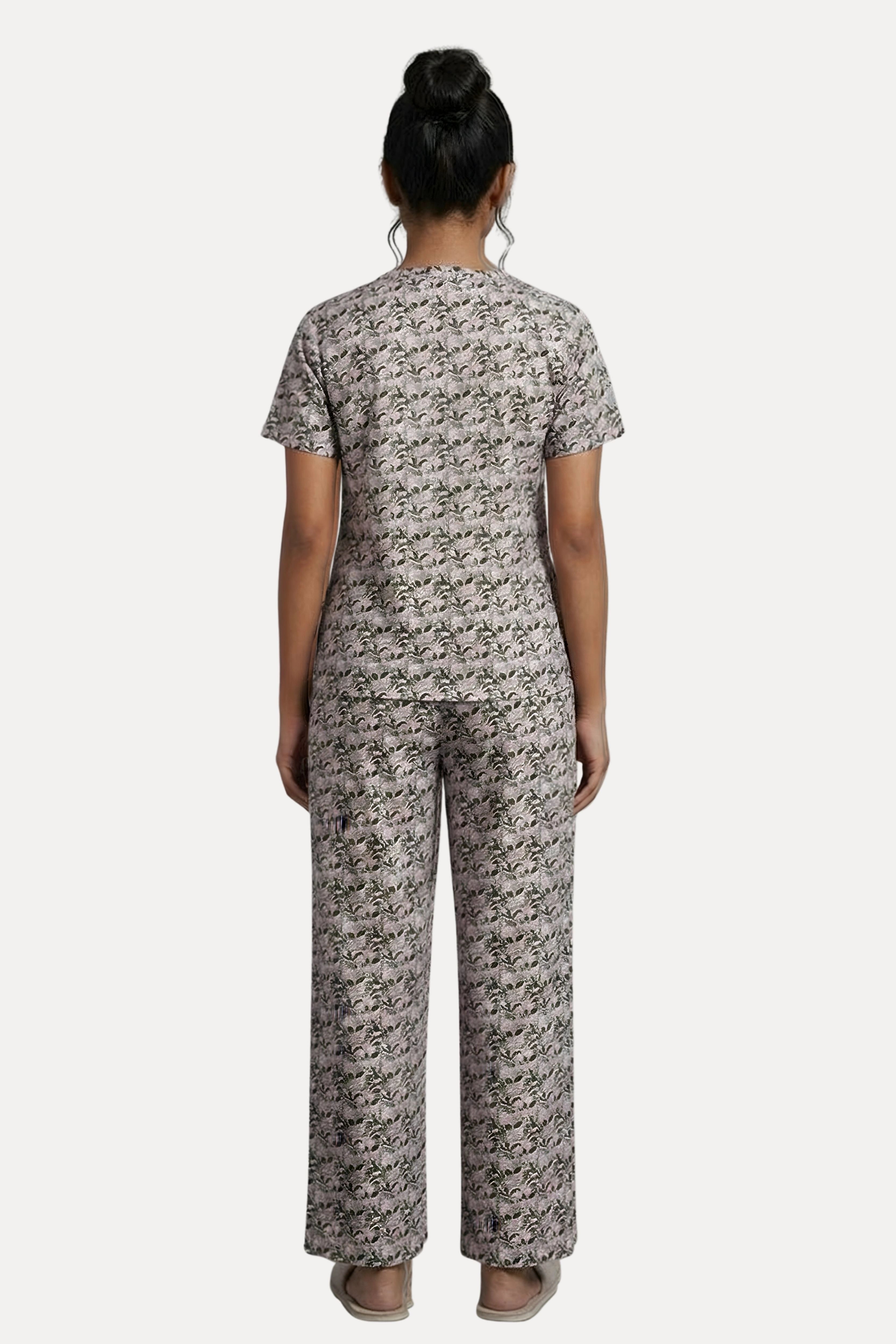 Cream Printed Cotton Spandex Night Suit Set