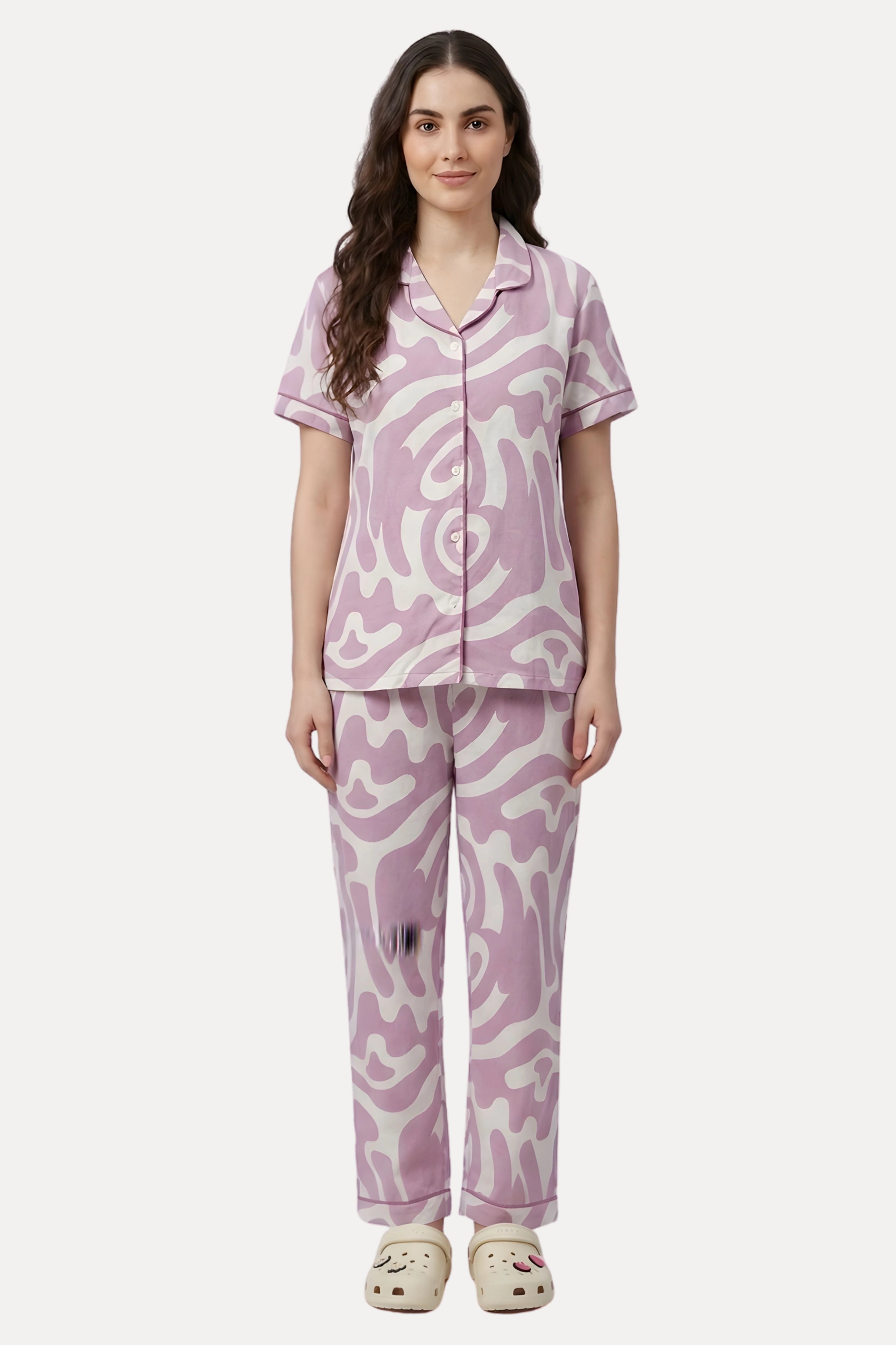 Pink Abstract Print Cotton Night Suit Set
