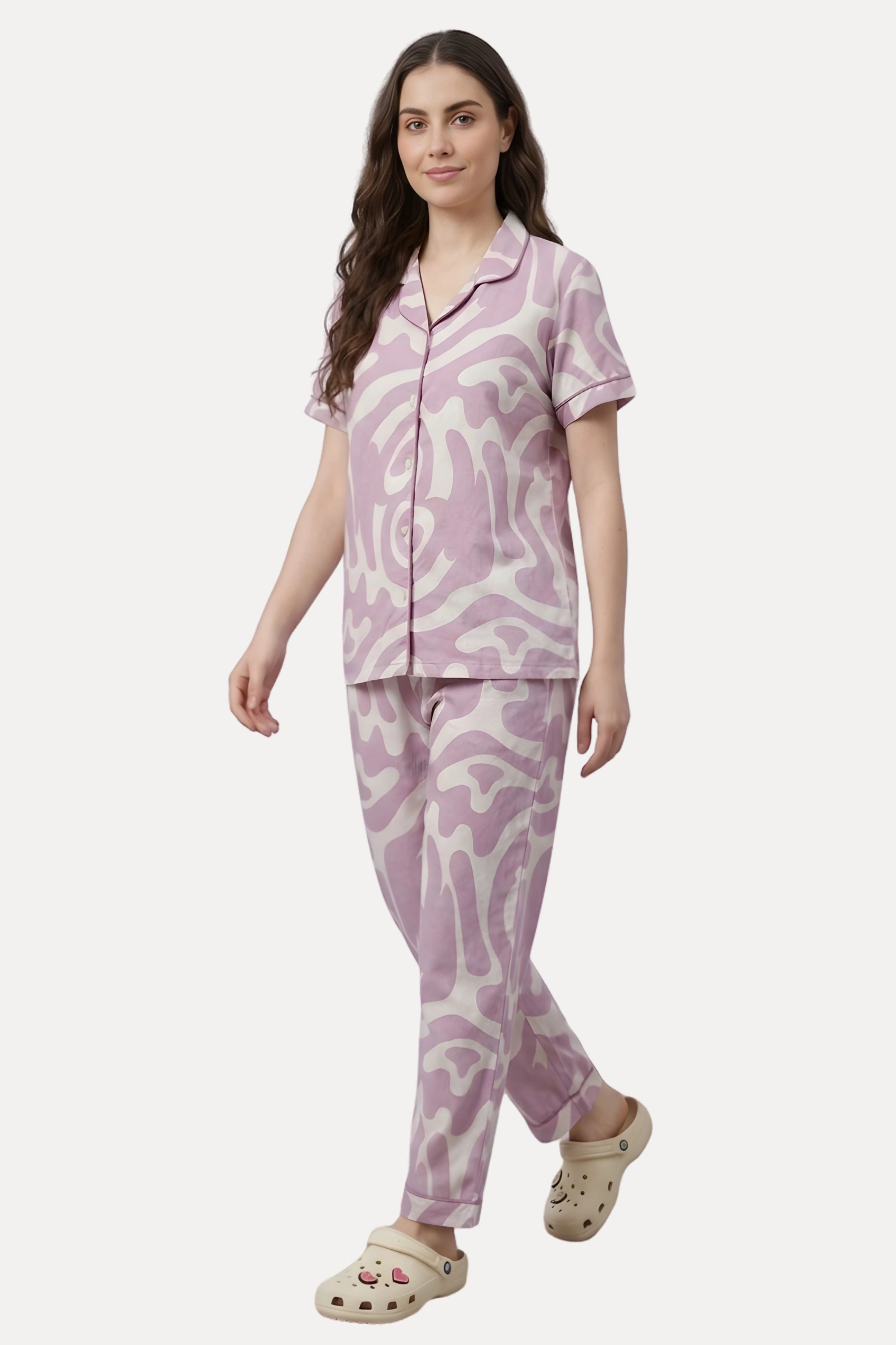 Pink Abstract Print Cotton Night Suit Set