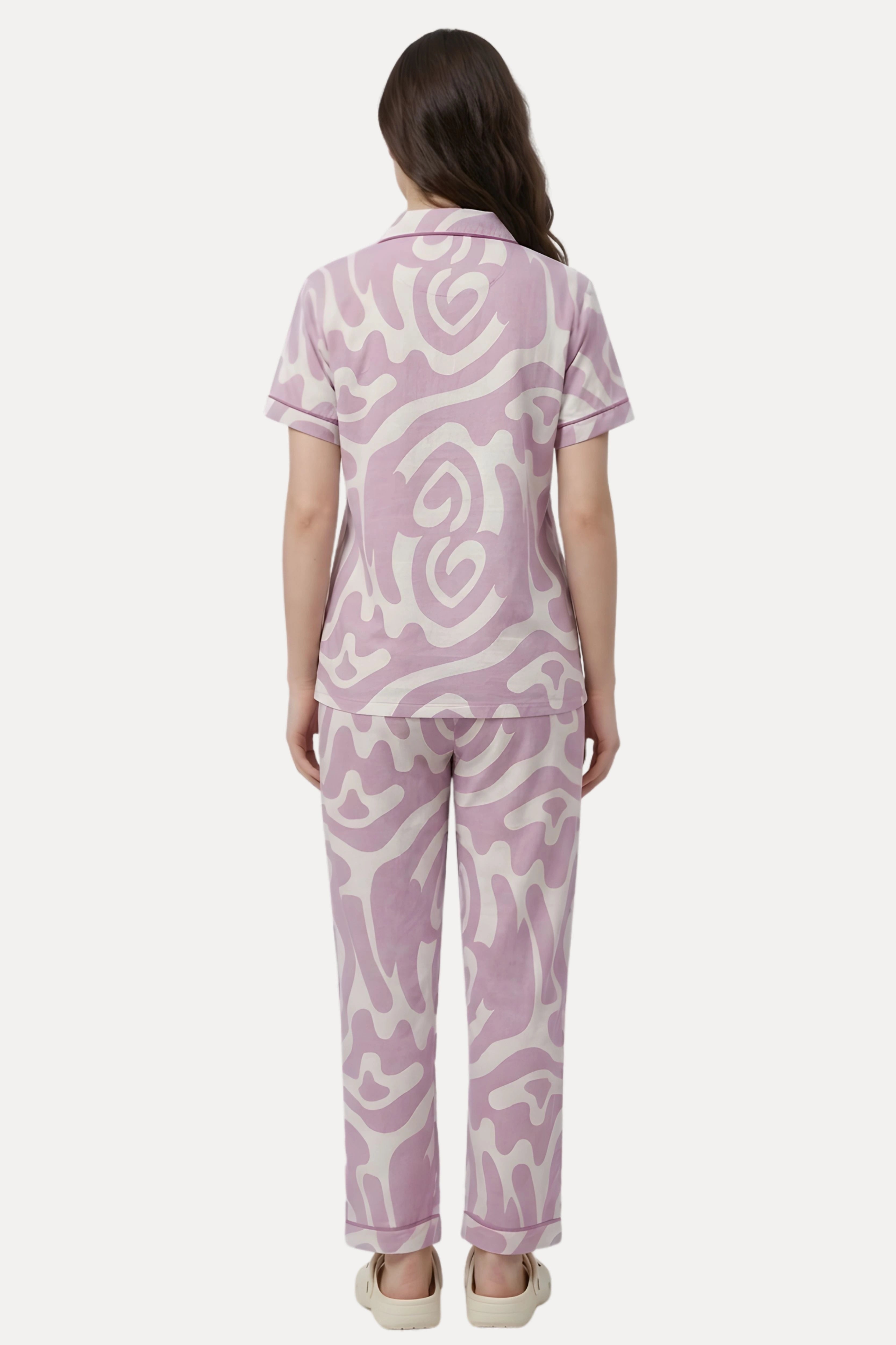 Pink Abstract Print Cotton Night Suit Set