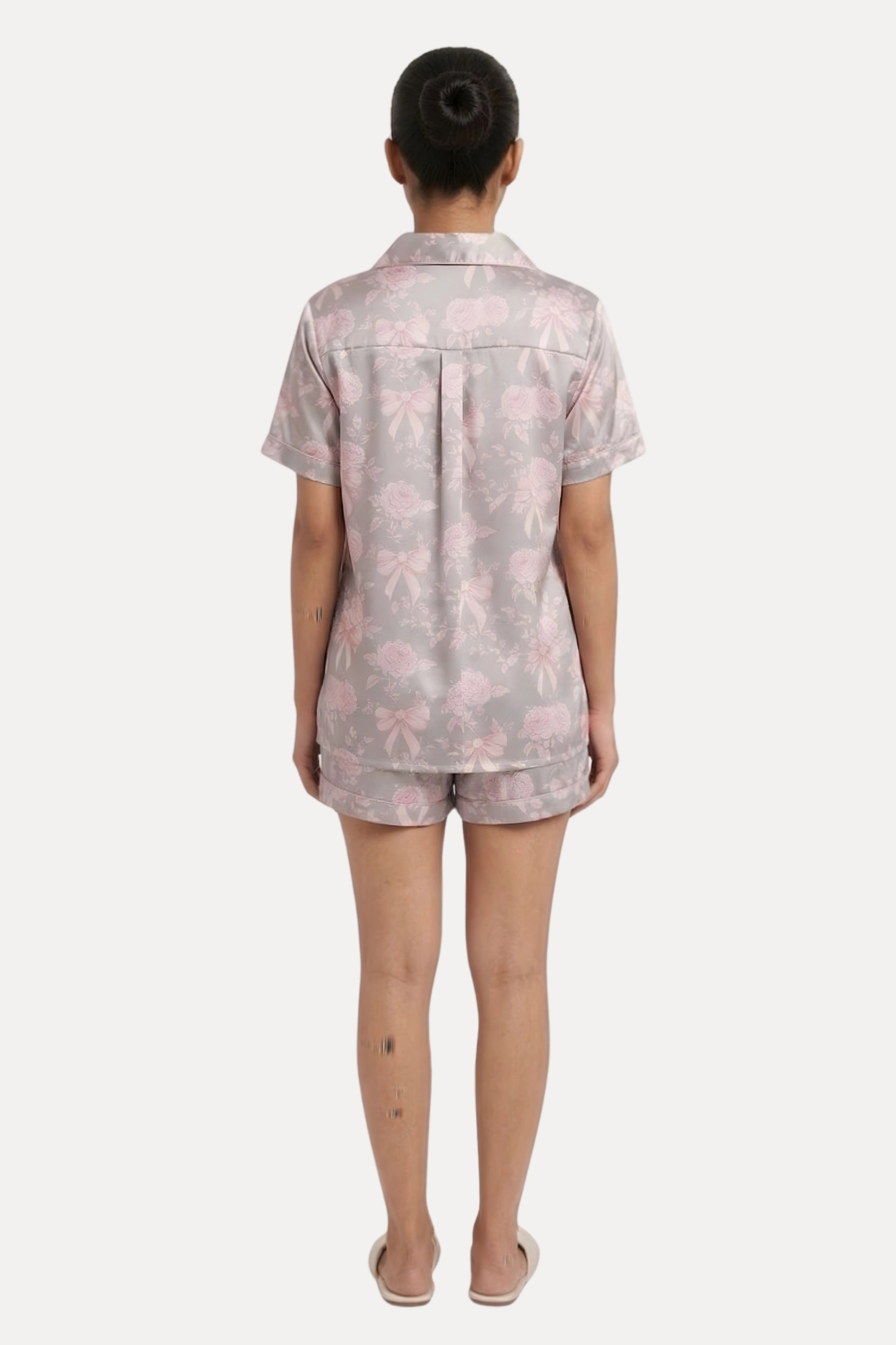 Grey Pastel Floral Satin 3-Piece Night Suit Set