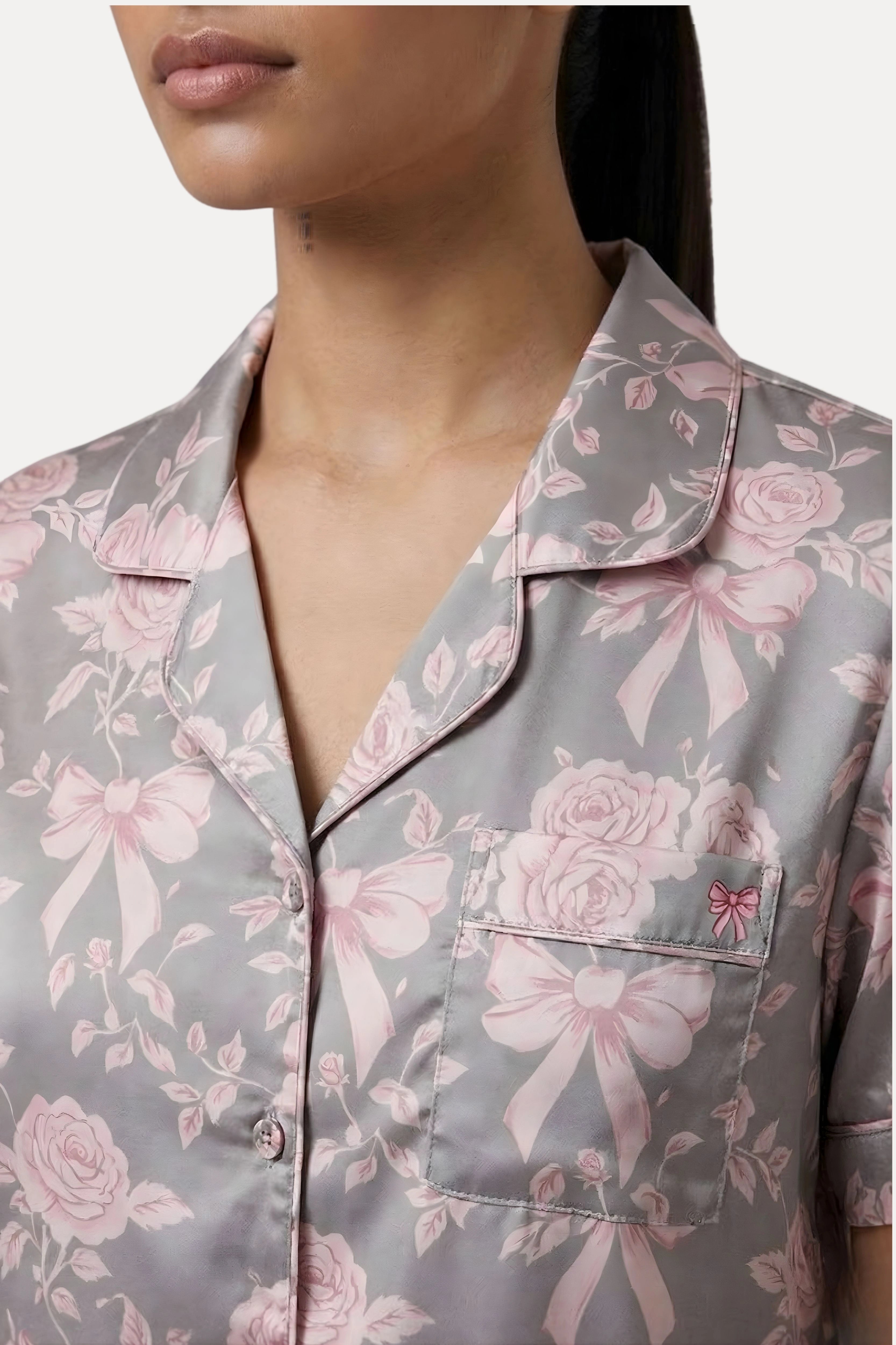 Grey Pastel Floral Satin 3-Piece Night Suit Set