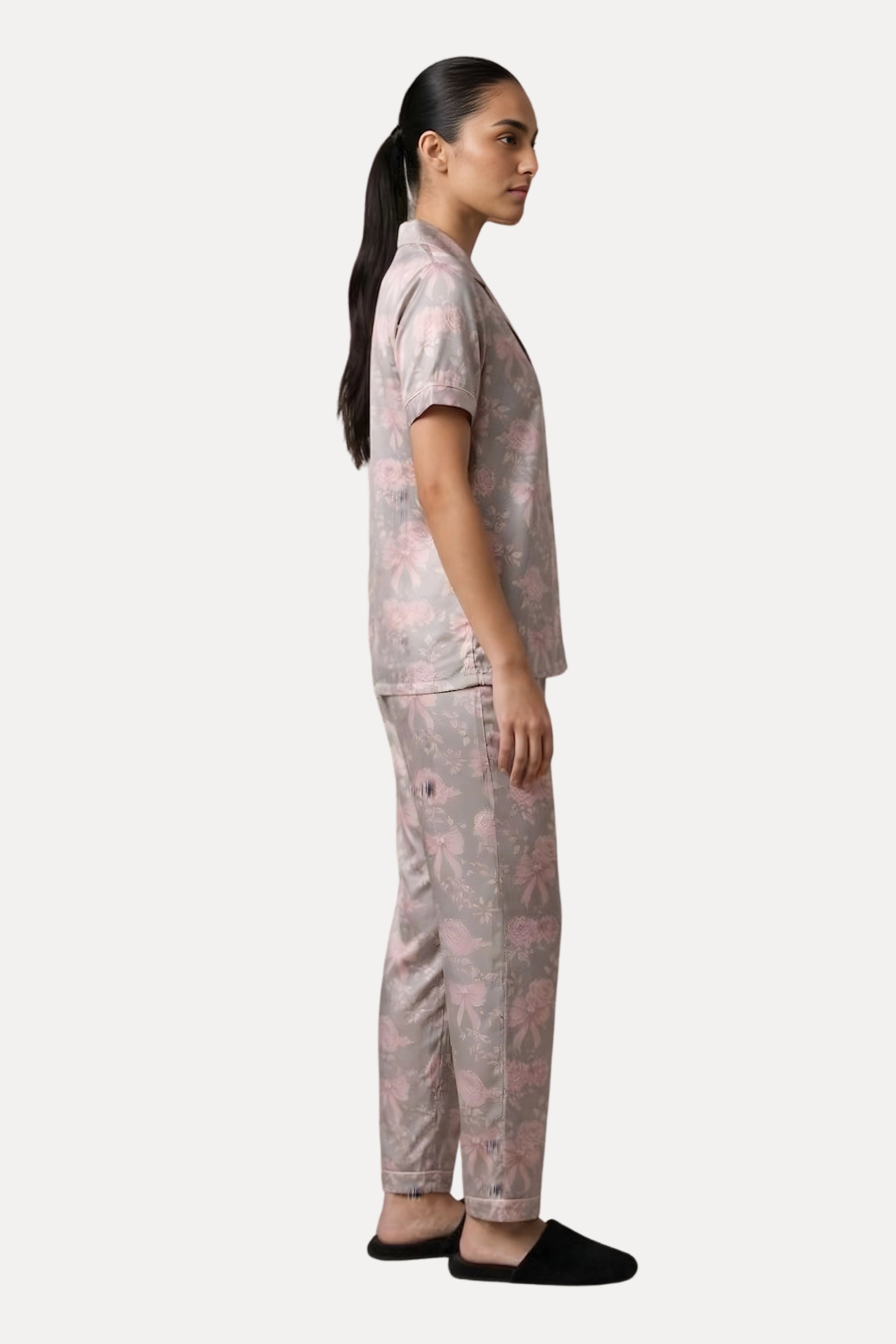Grey Pastel Floral Satin 3-Piece Night Suit Set
