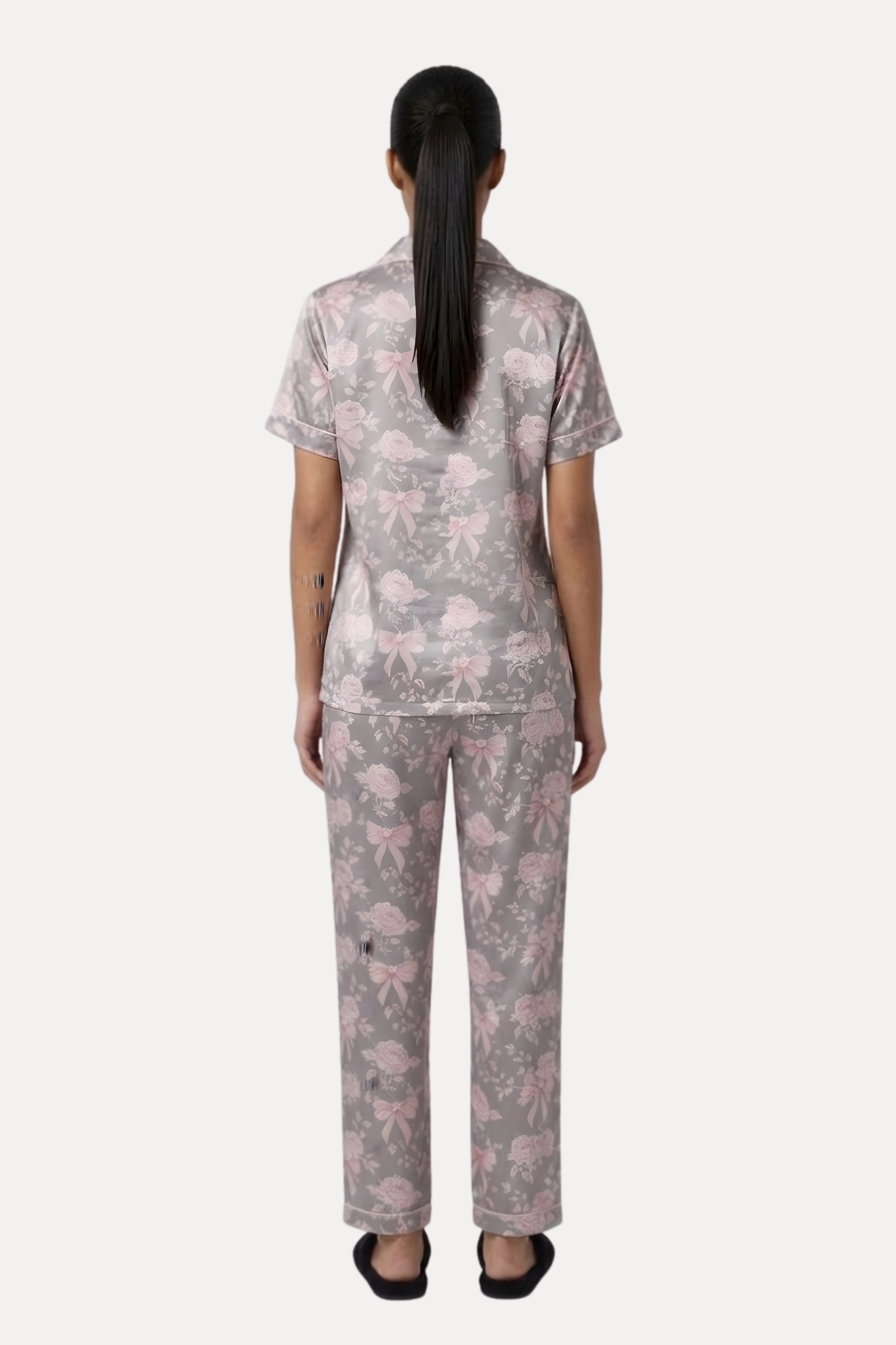 Grey Pastel Floral Satin 3-Piece Night Suit Set