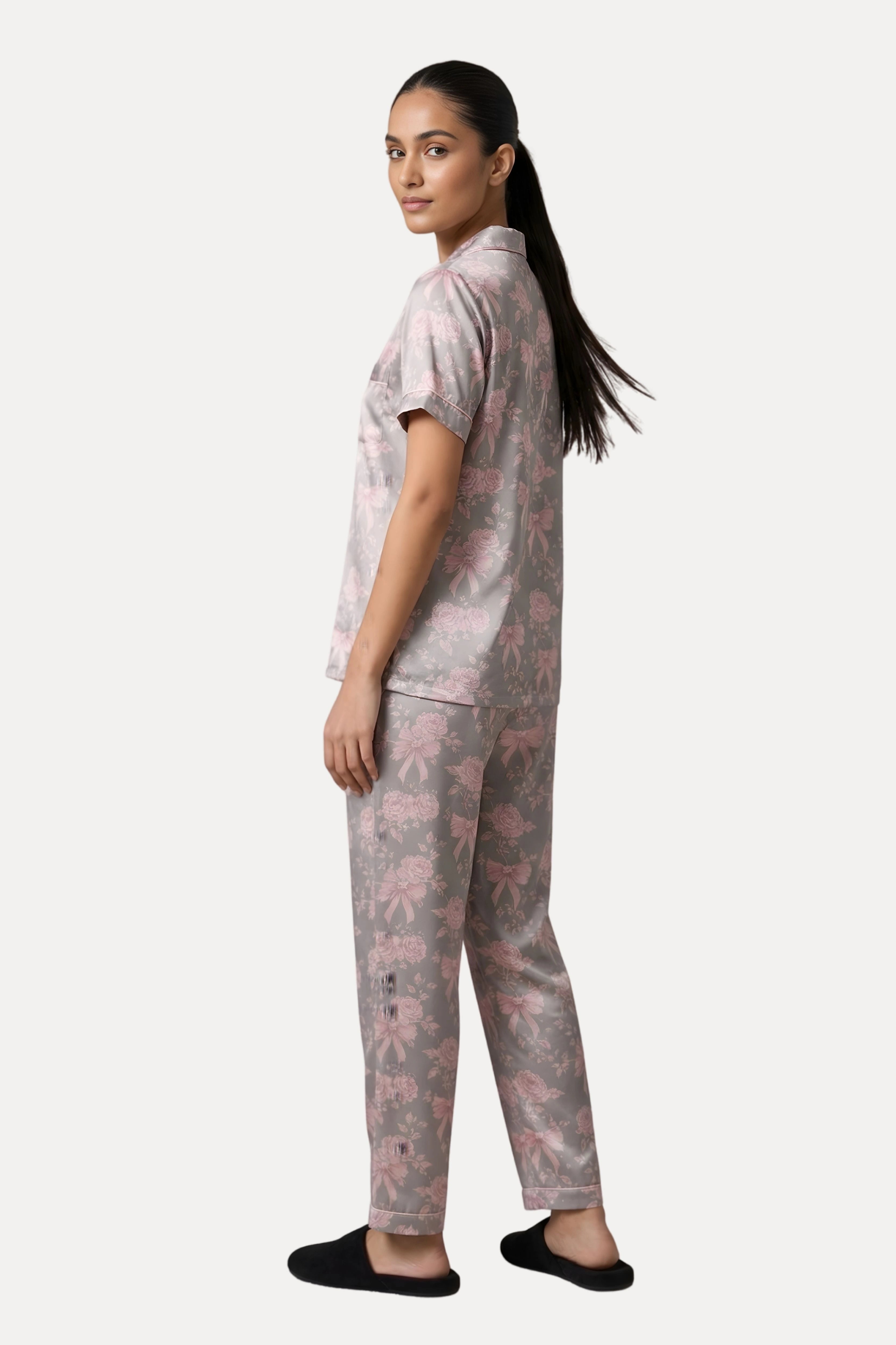 Grey Pastel Floral Satin 3-Piece Night Suit Set