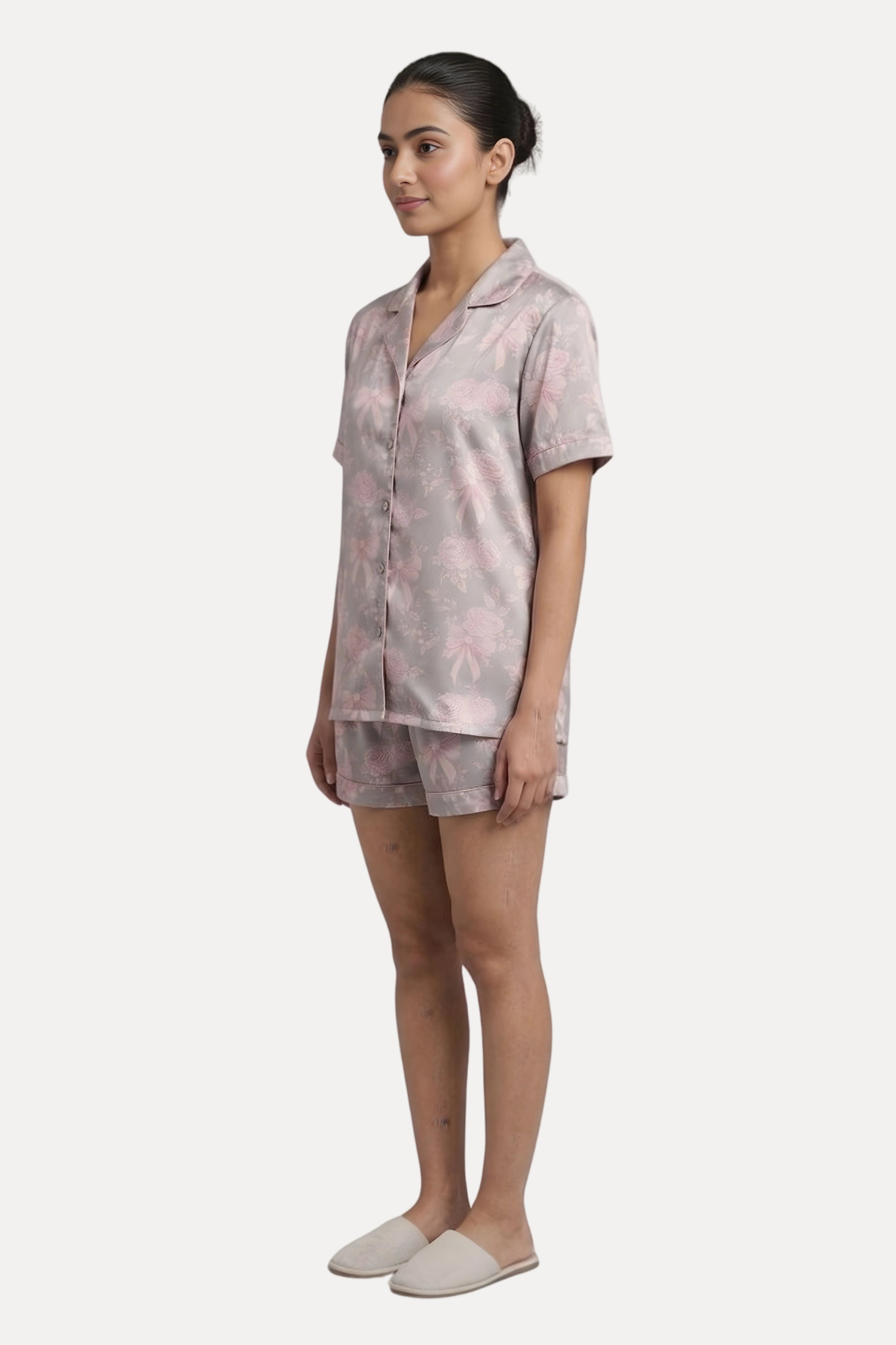 Grey Pastel Floral Satin 3-Piece Night Suit Set