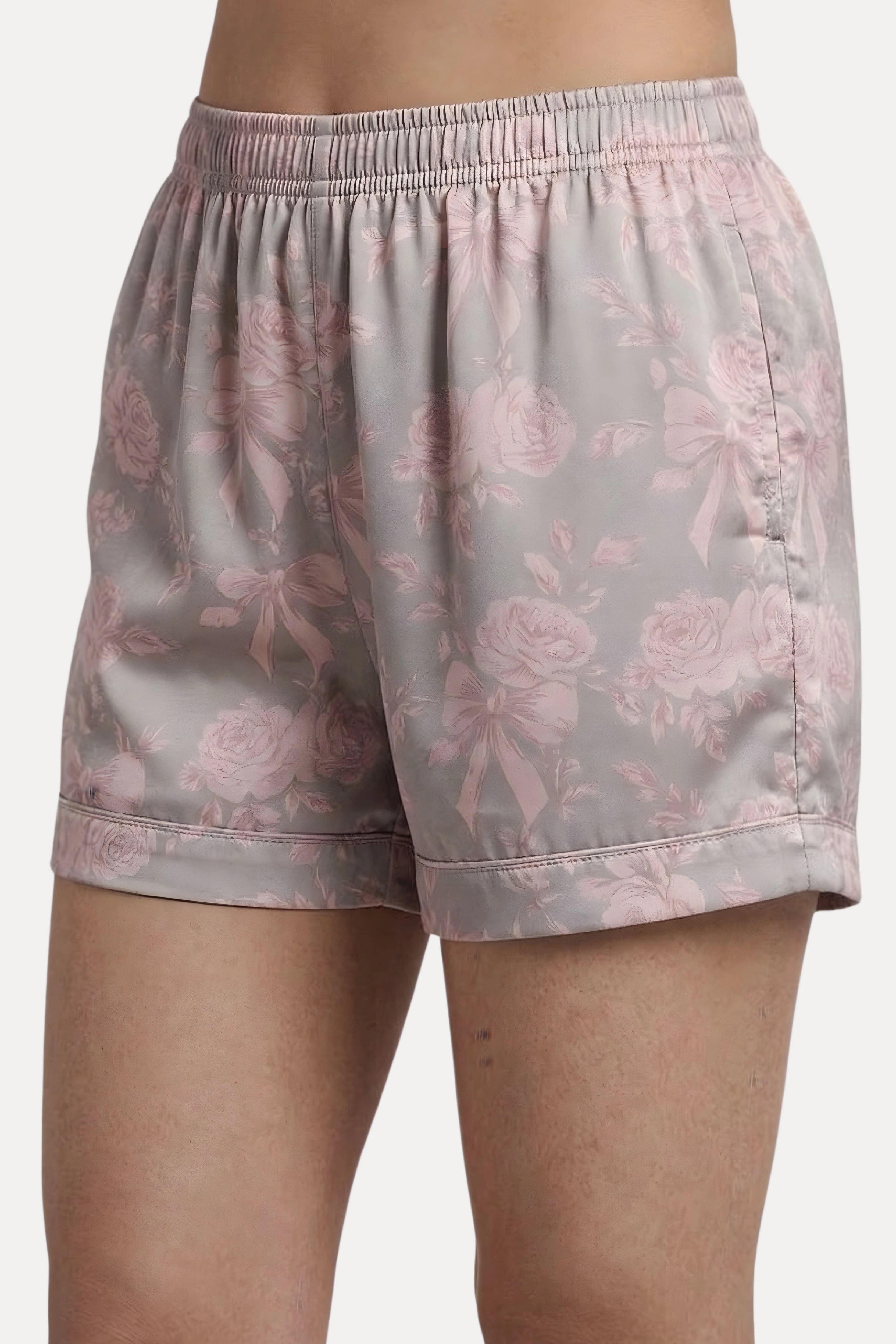 Grey Pastel Floral Satin 3-Piece Night Suit Set