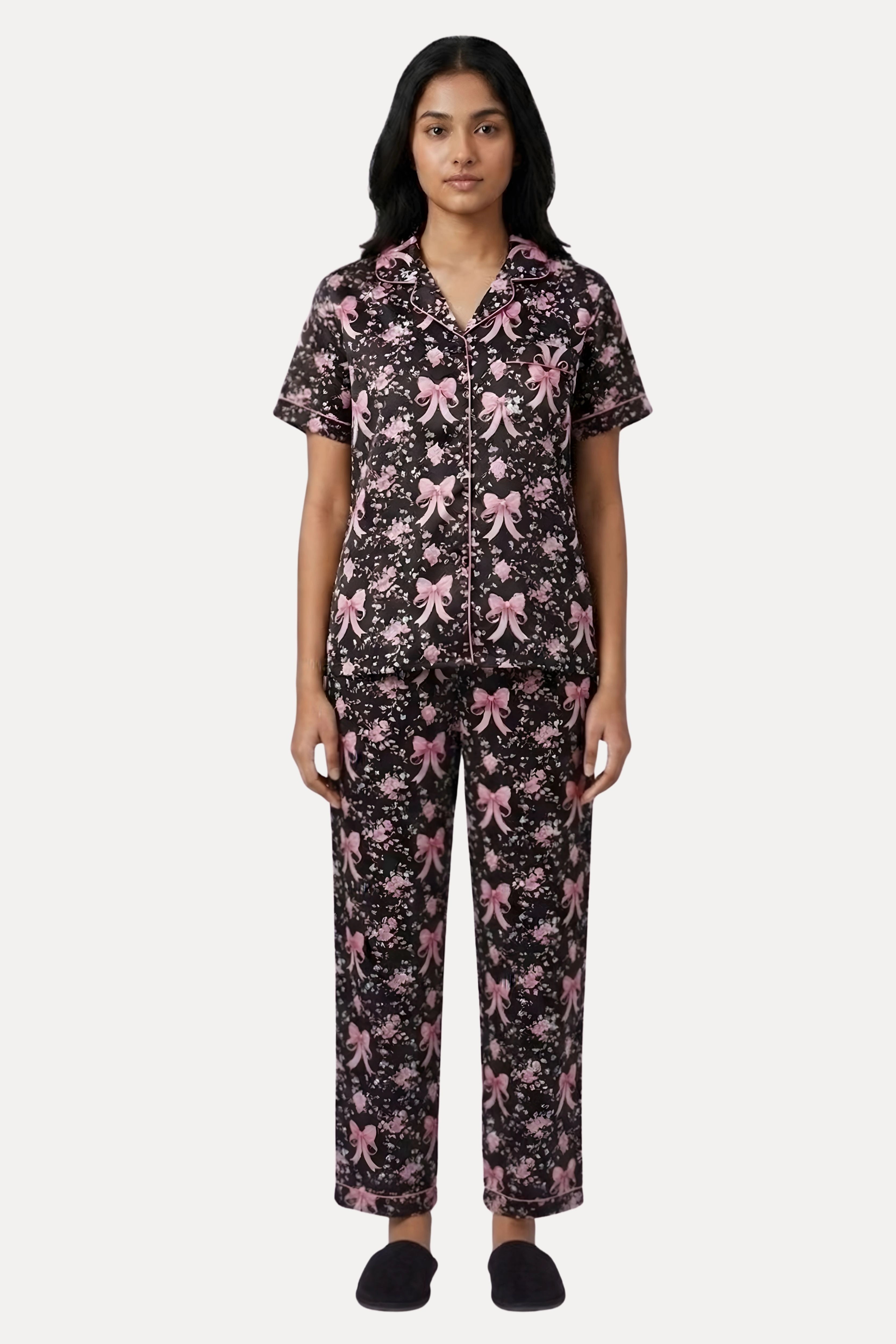 Black Floral Poly Satin 3-Piece Night Suit Set