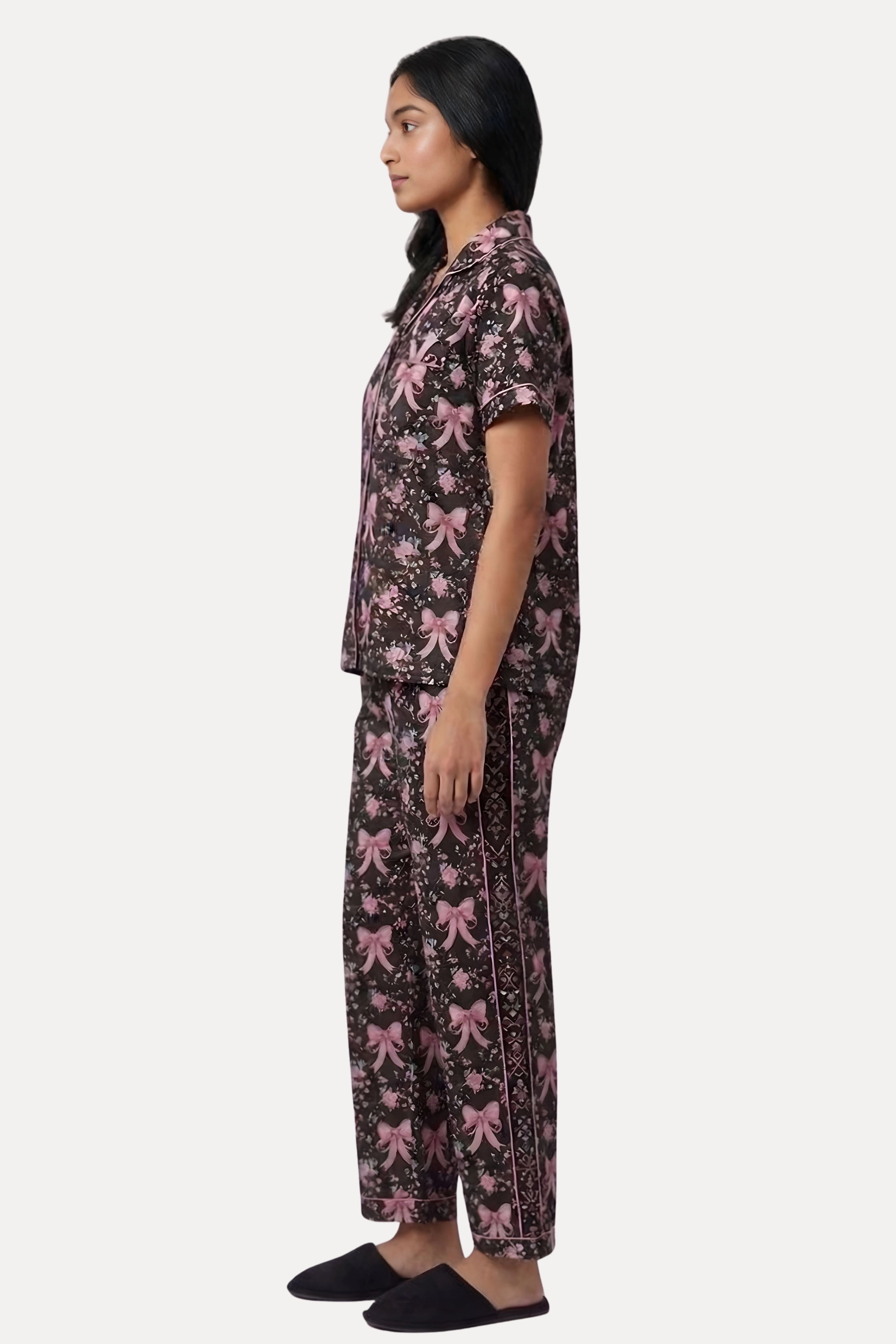 Black Floral Poly Satin 3-Piece Night Suit Set