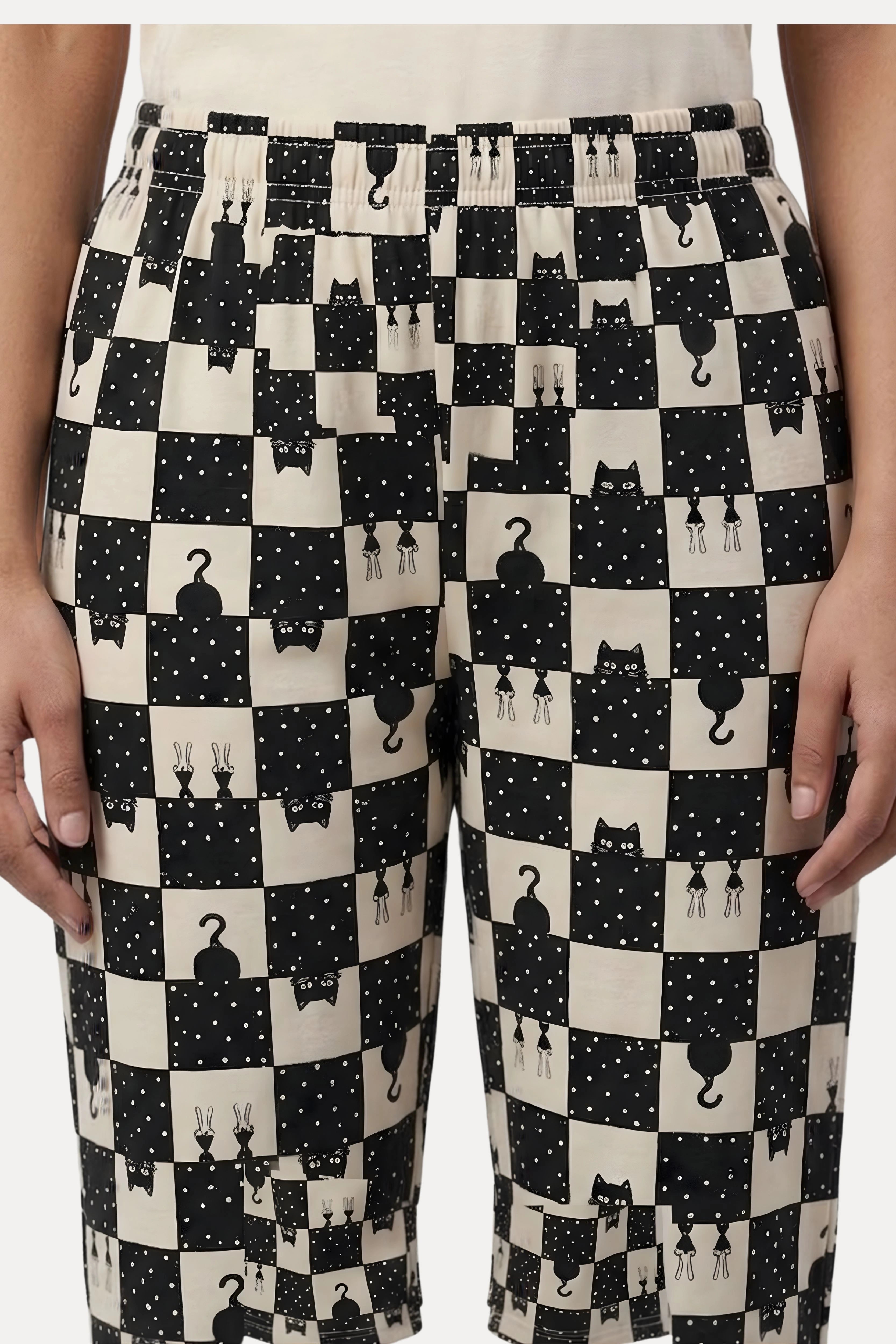 Cream & Black Quirky Print Night Suit Set