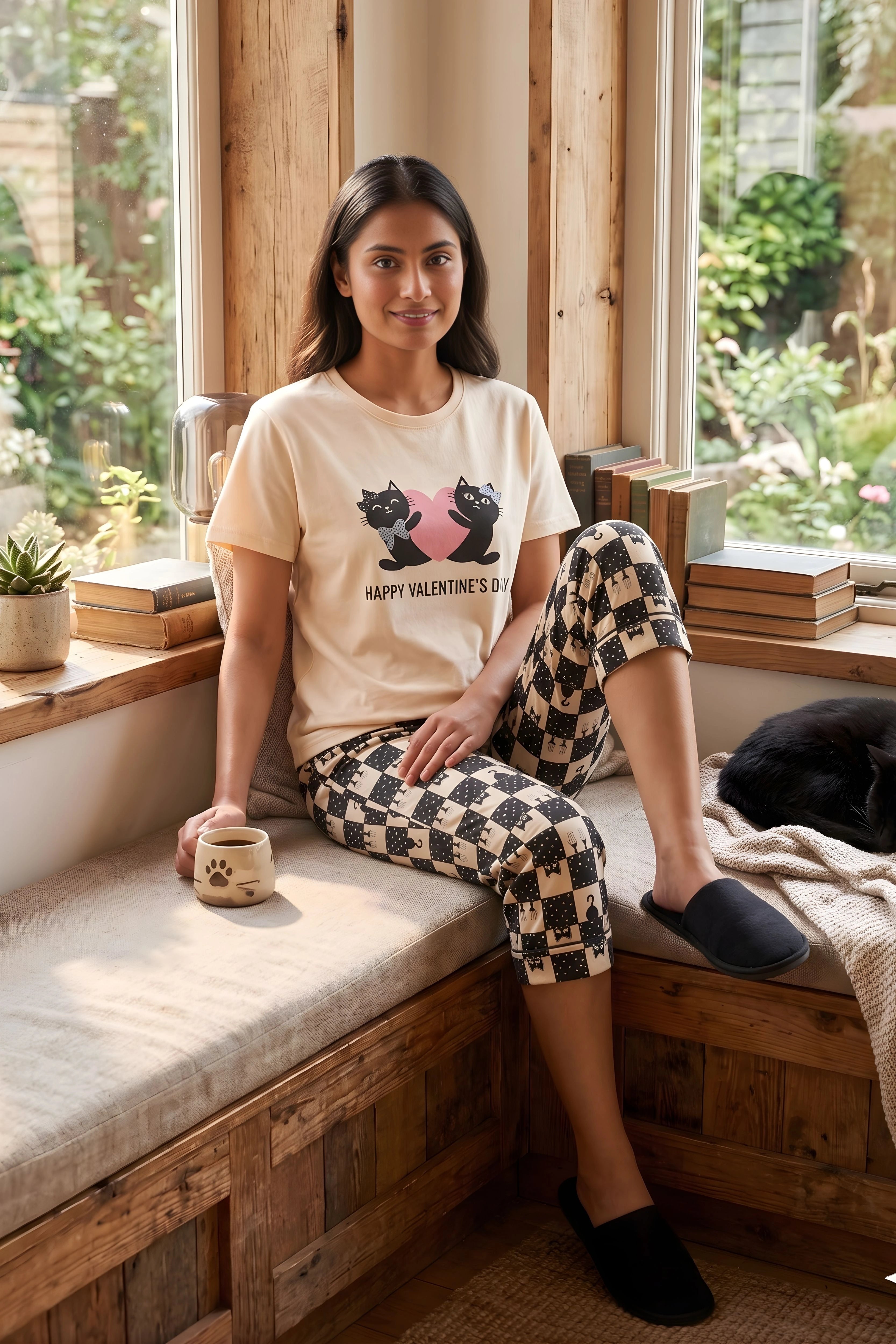 Cream & Black Quirky Print Night Suit Set