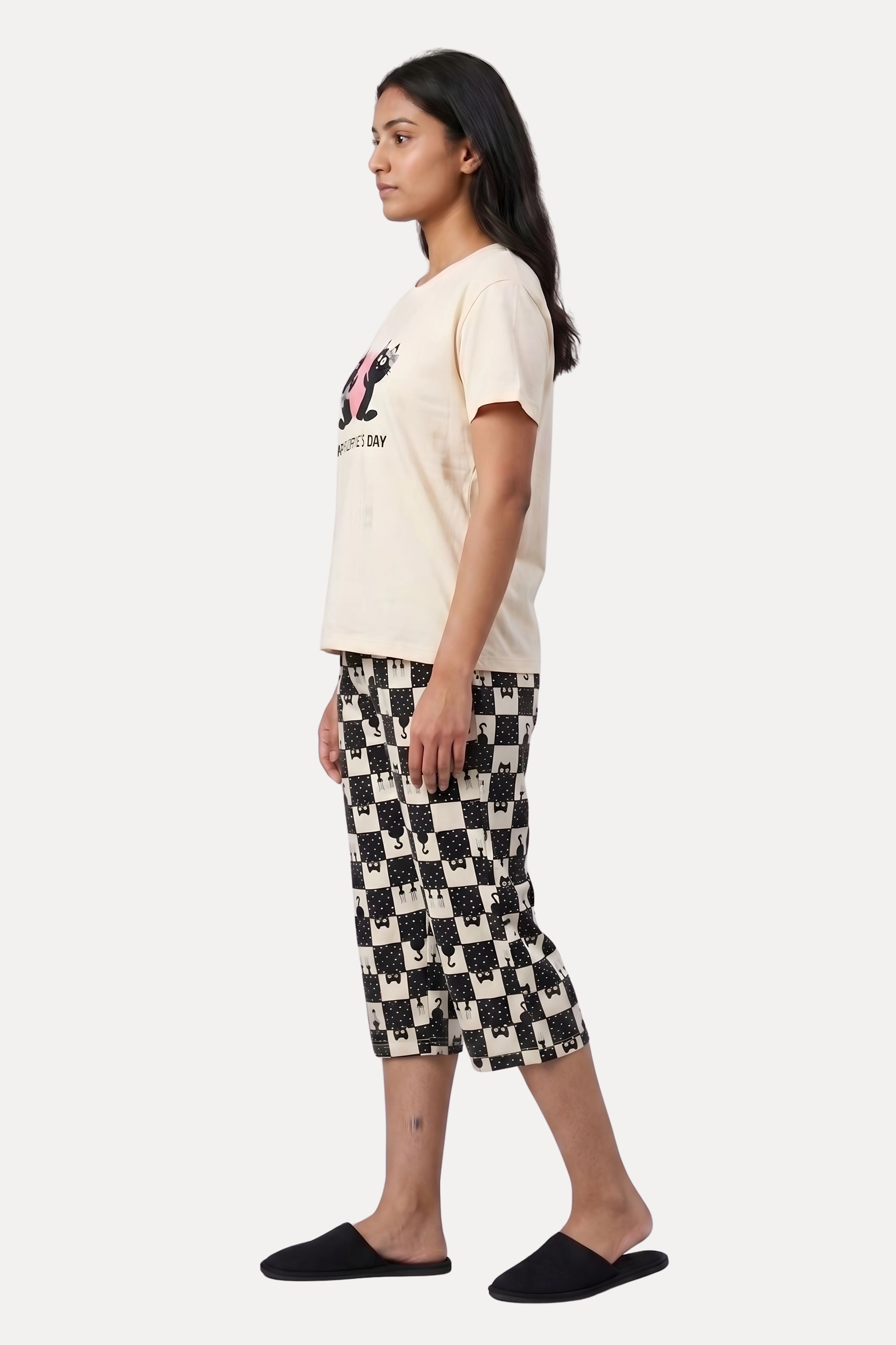 Cream & Black Quirky Print Night Suit Set