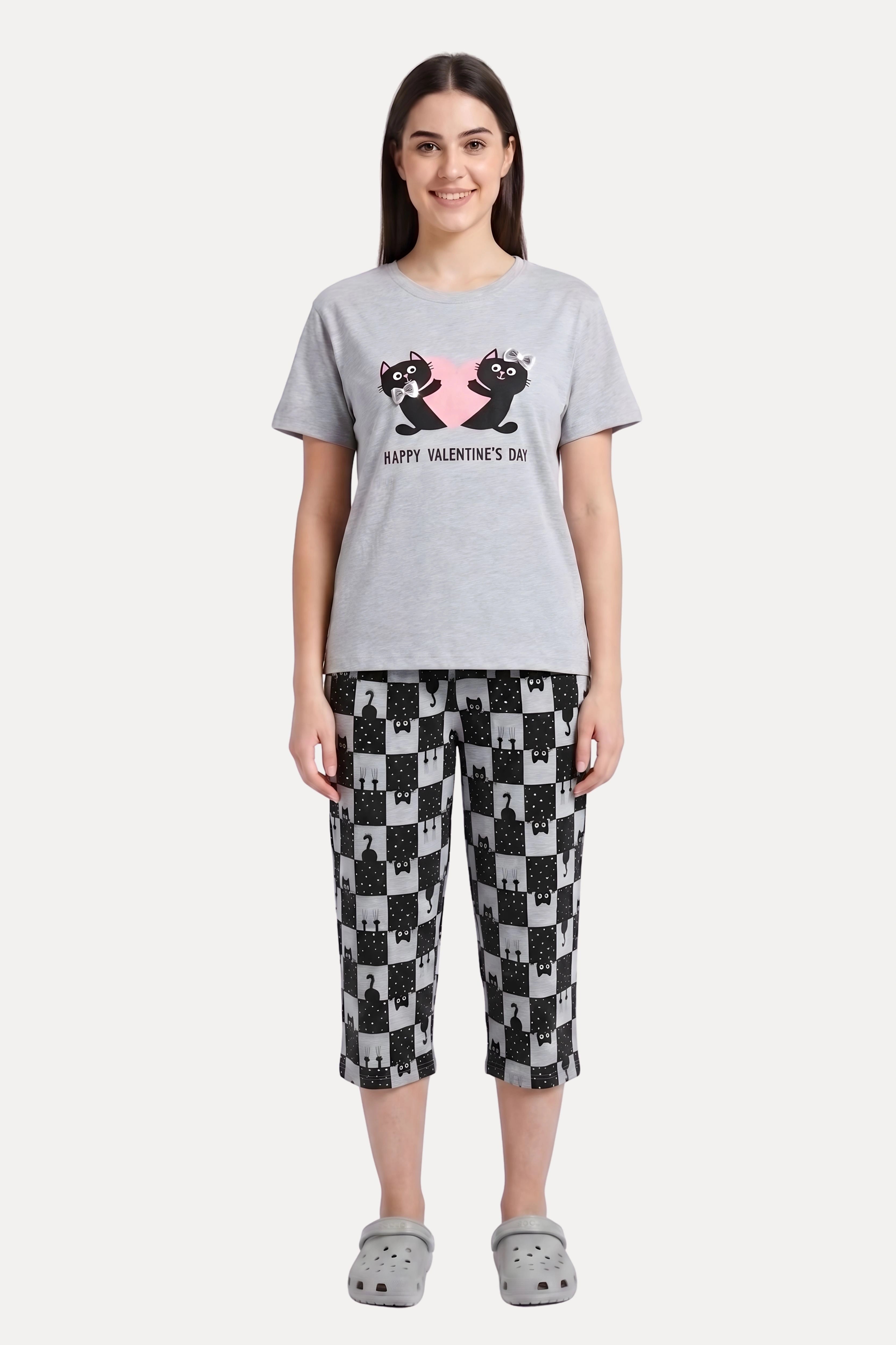 Grey Quirky Print Cotton Night Suit Set