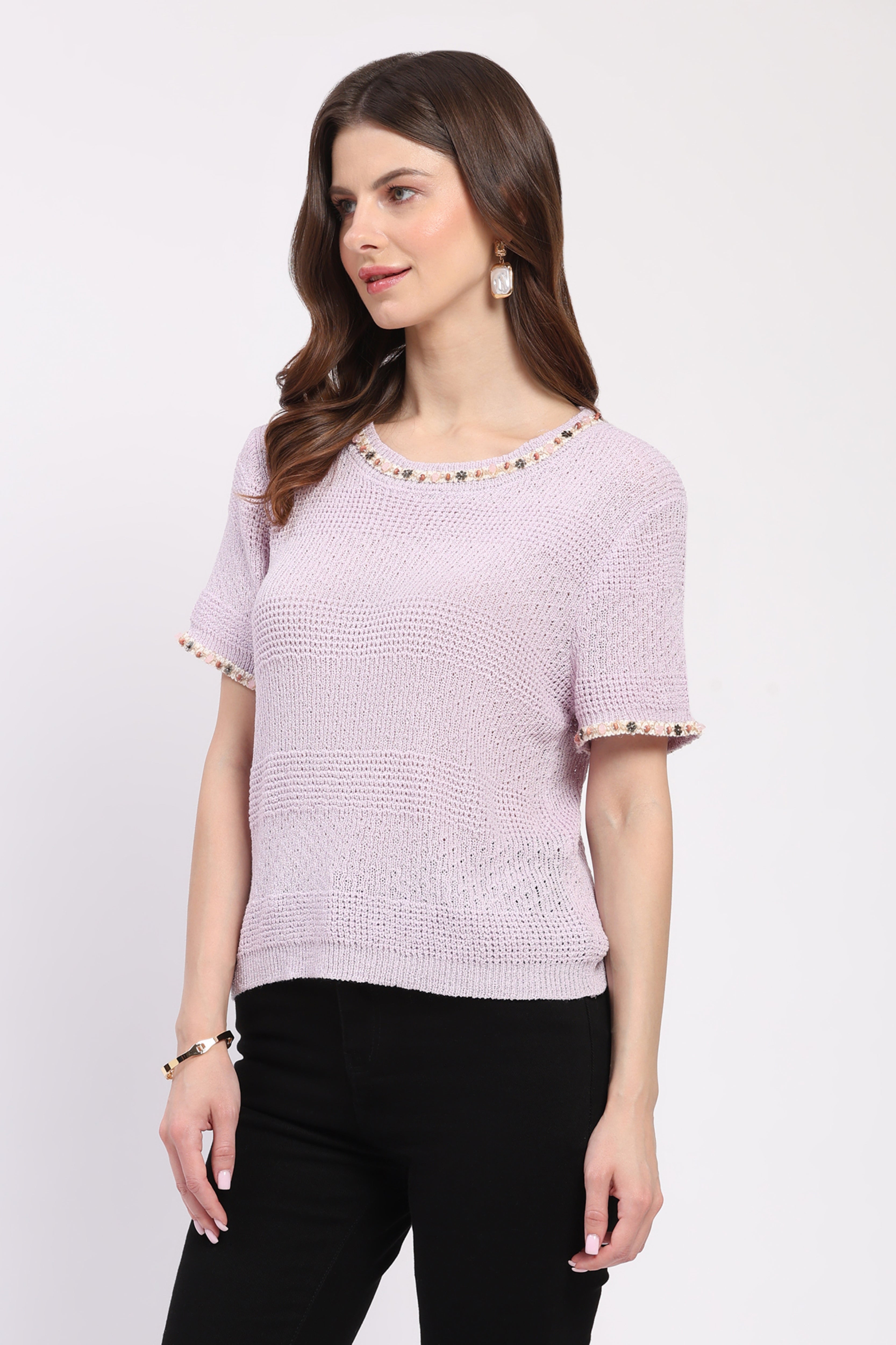 Lavender Embellished Self-Design Top
