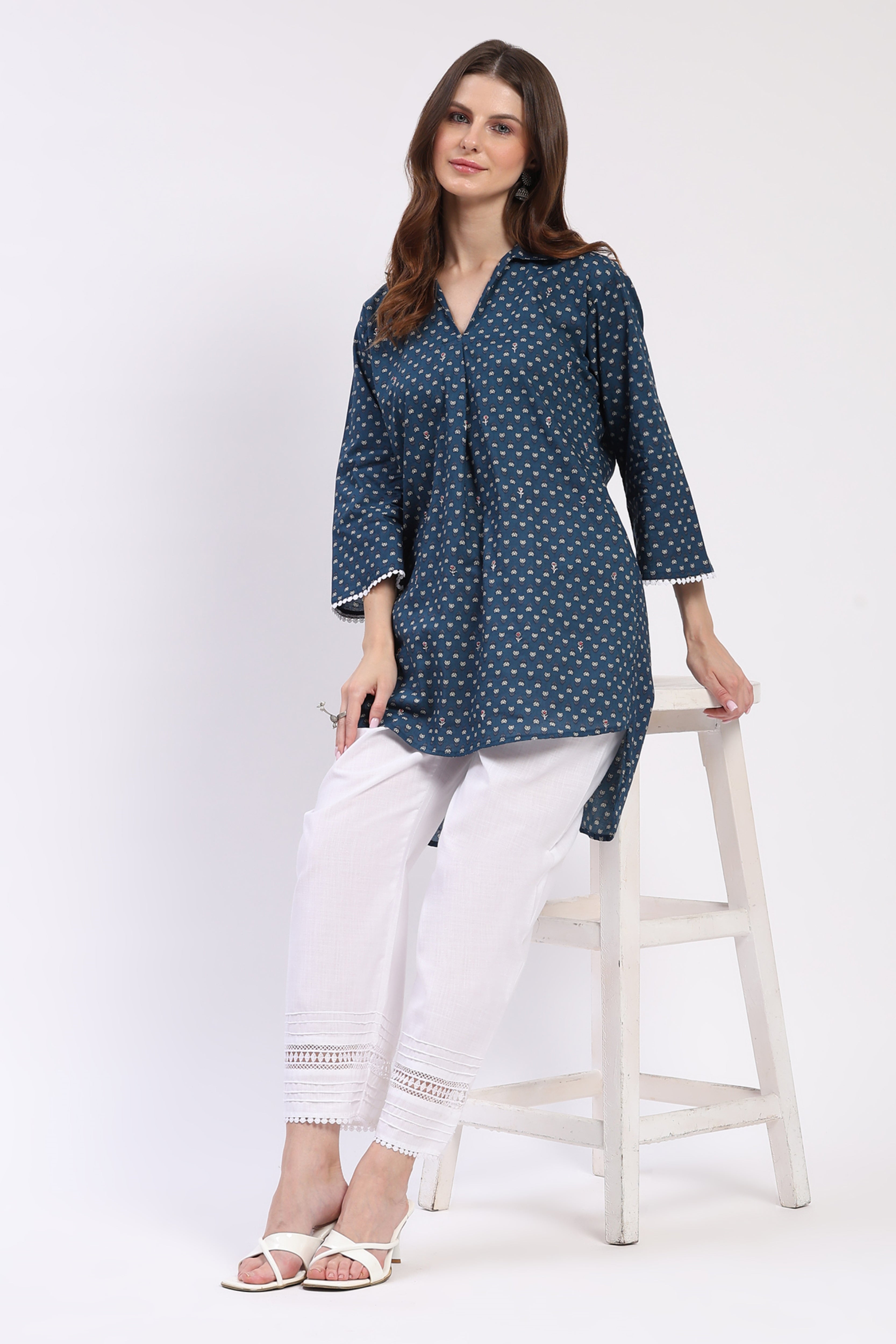 Blue Floral High-Low Tunic Palazzo Set