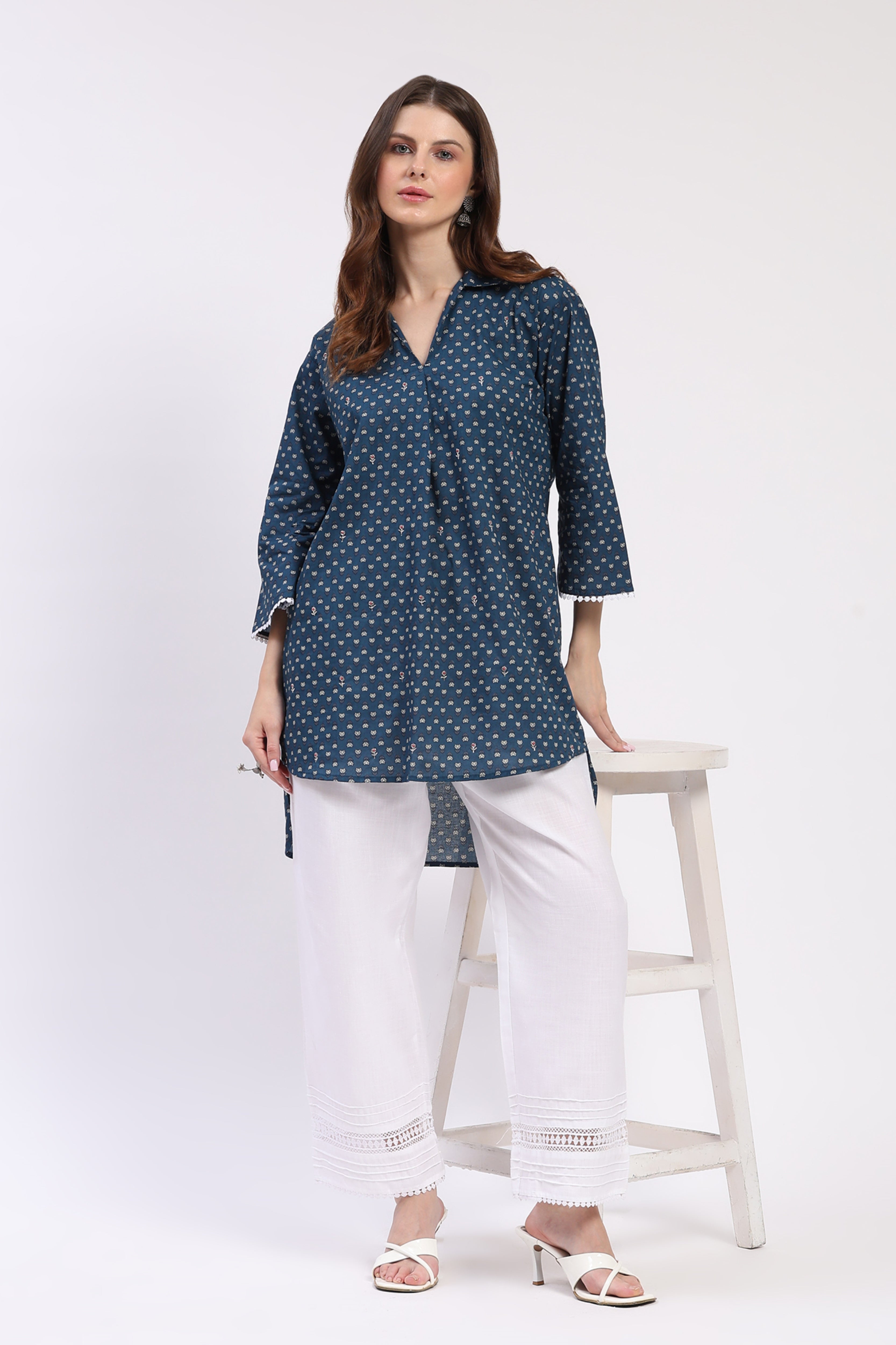 Blue Floral High-Low Tunic Palazzo Set