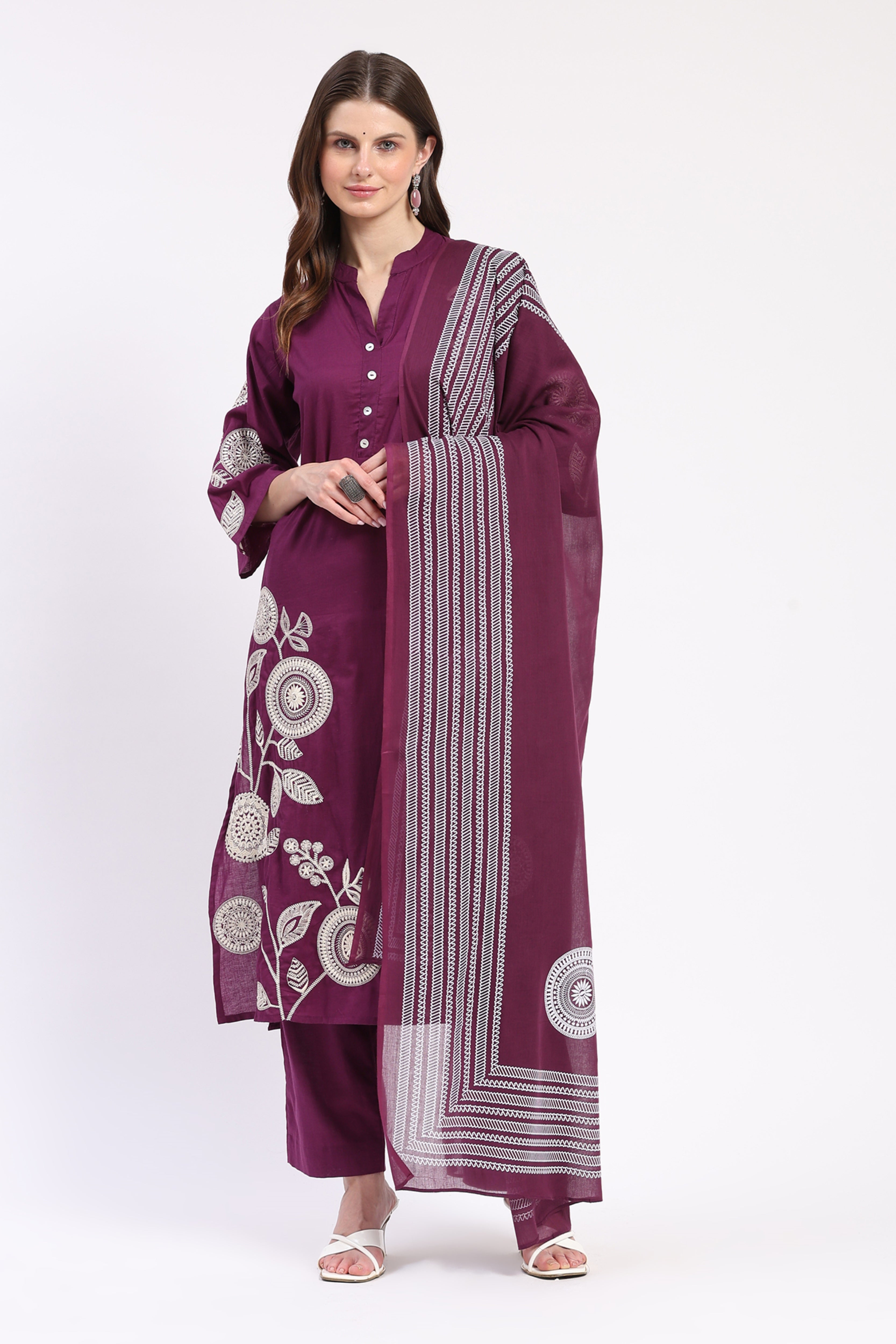 Purple Embroidered Cotton Suit Set