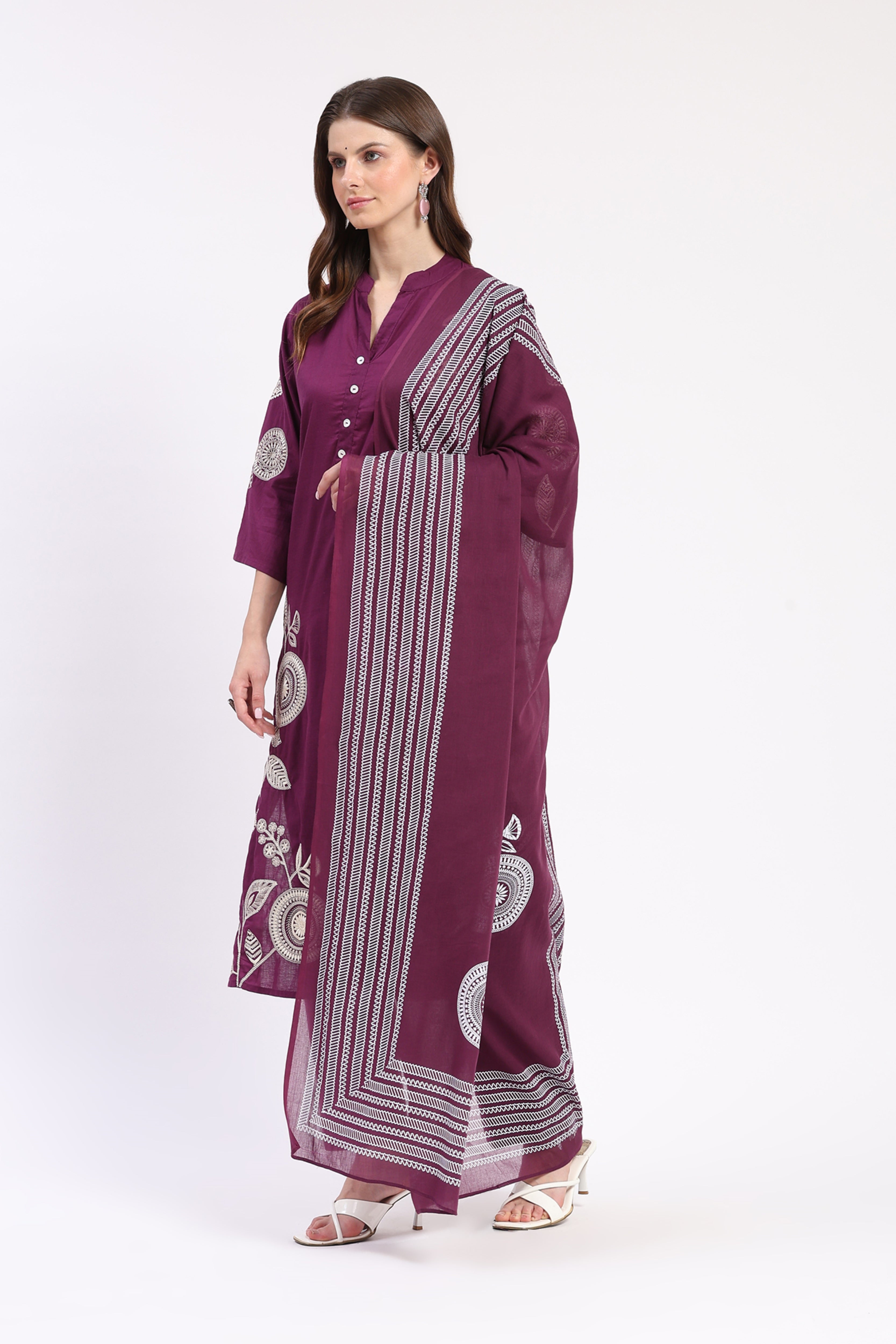 Purple Embroidered Cotton Suit Set