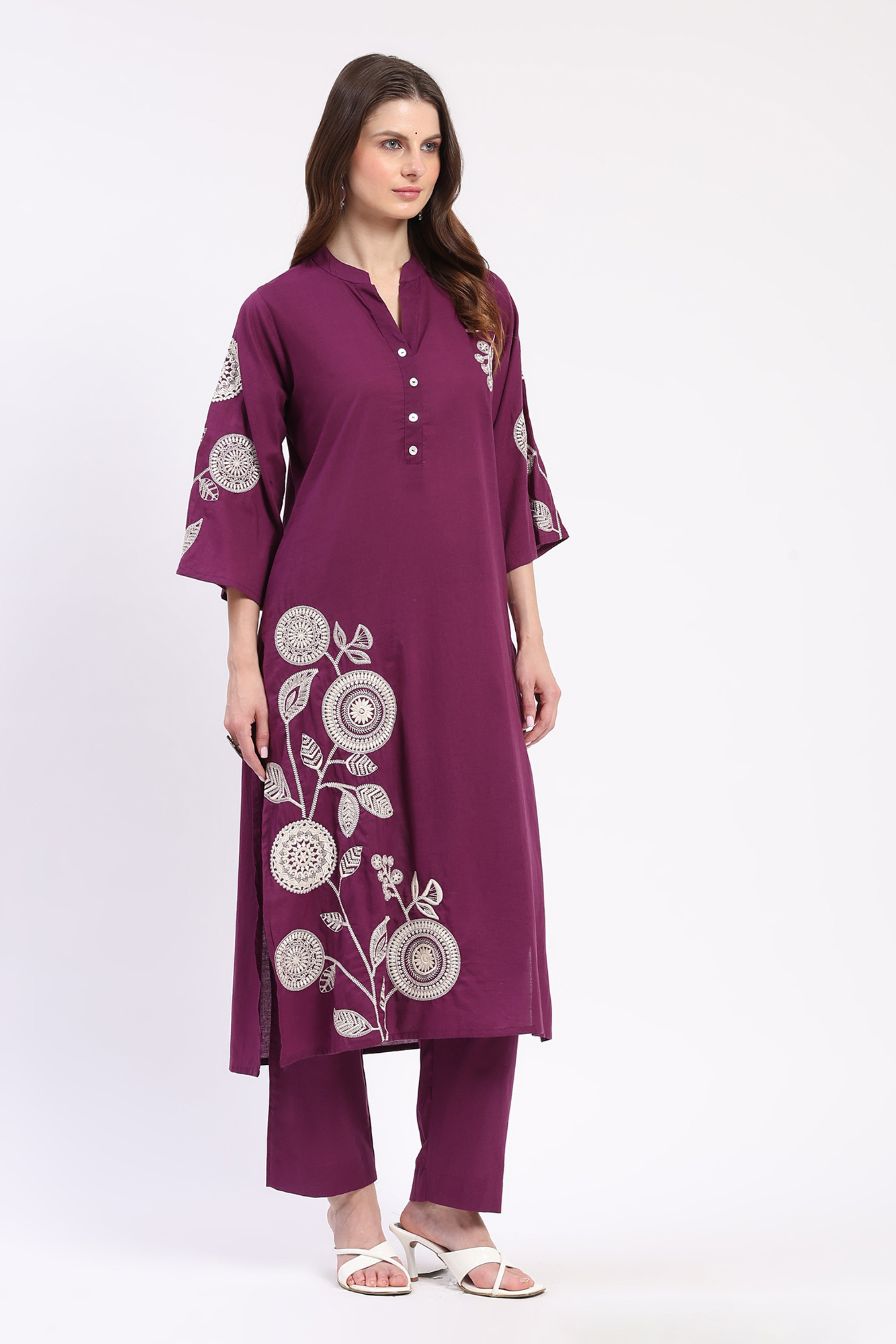Purple Embroidered Cotton Suit Set