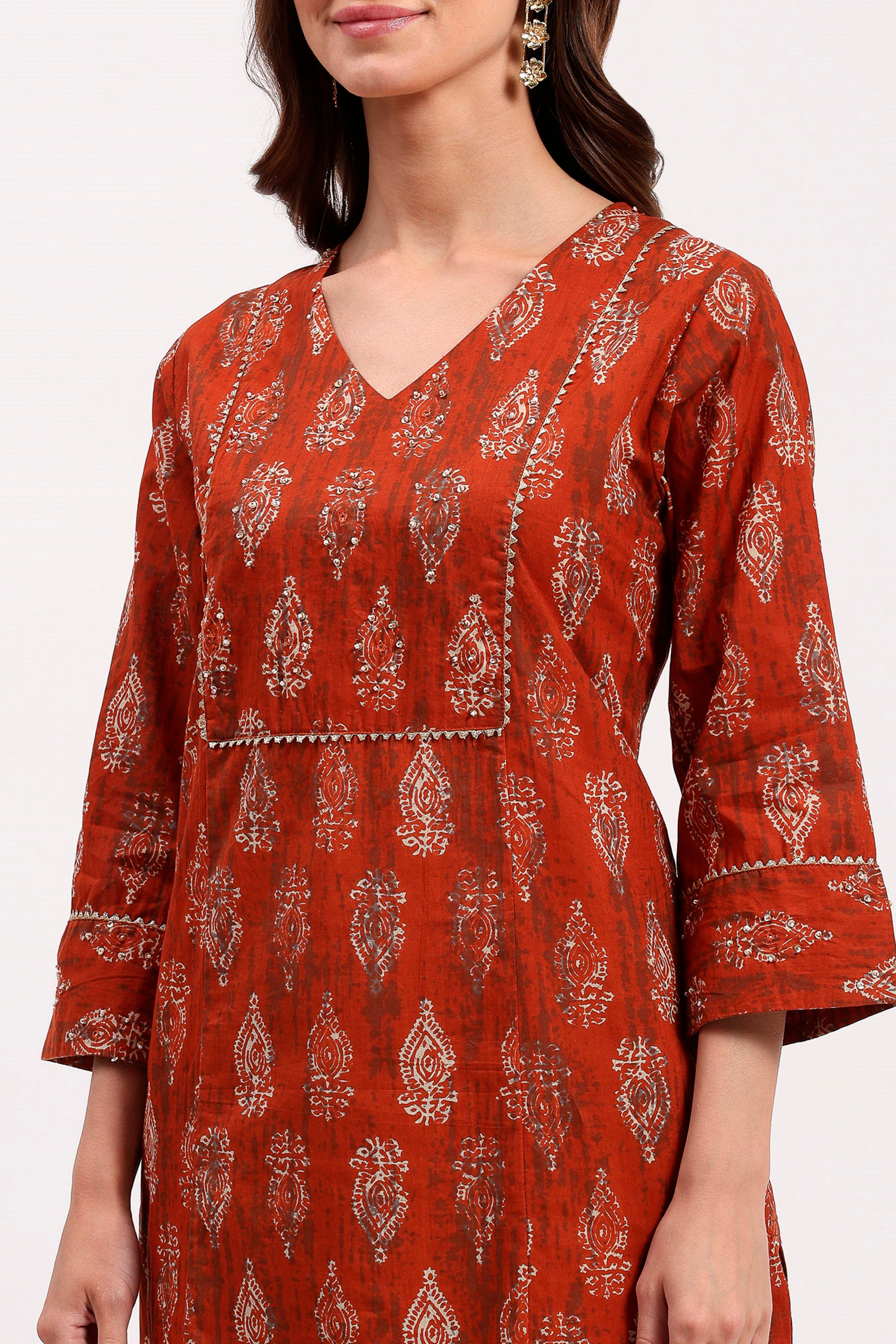 Rust Embellished Ethnic Kurta
