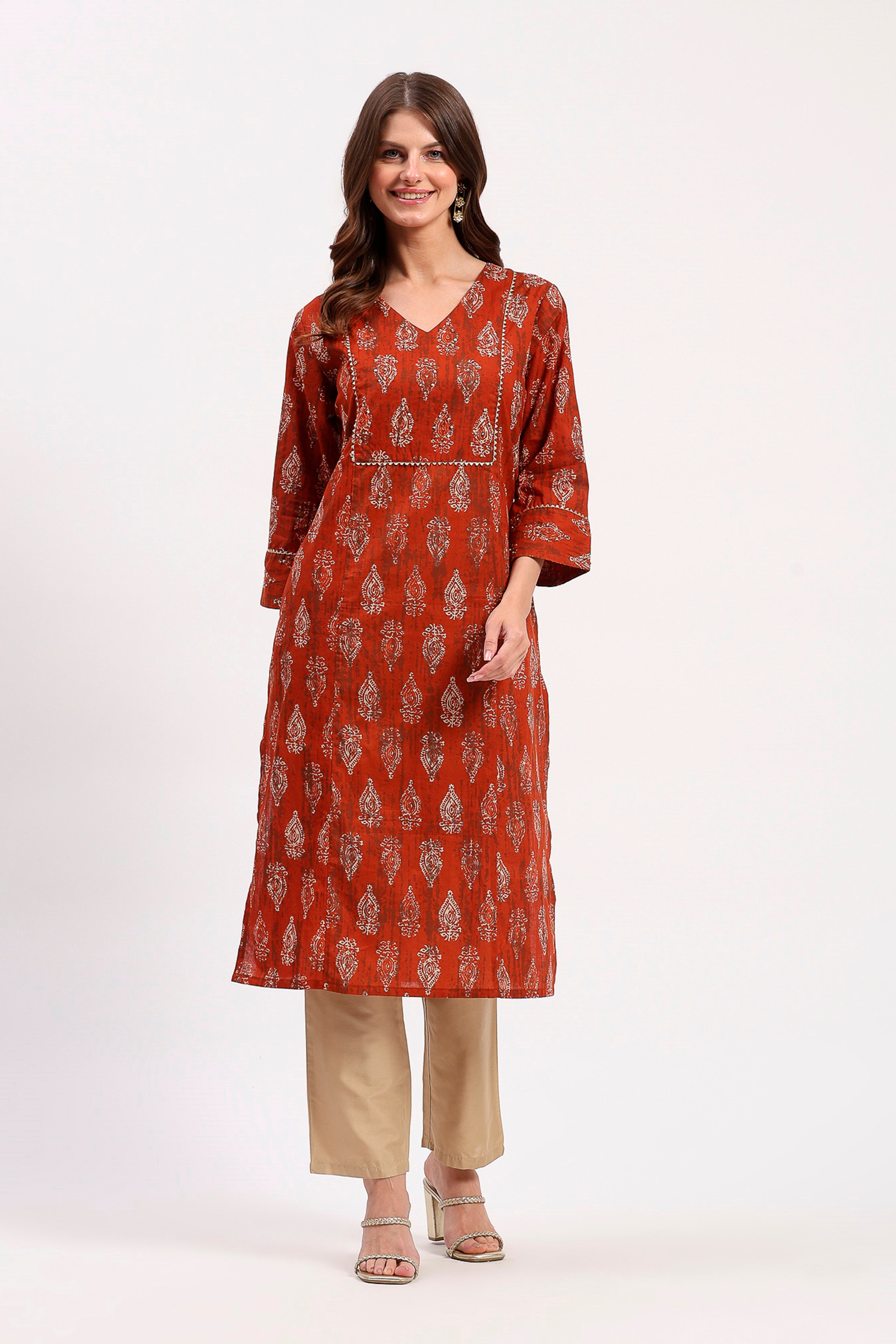 Rust Embellished Ethnic Kurta