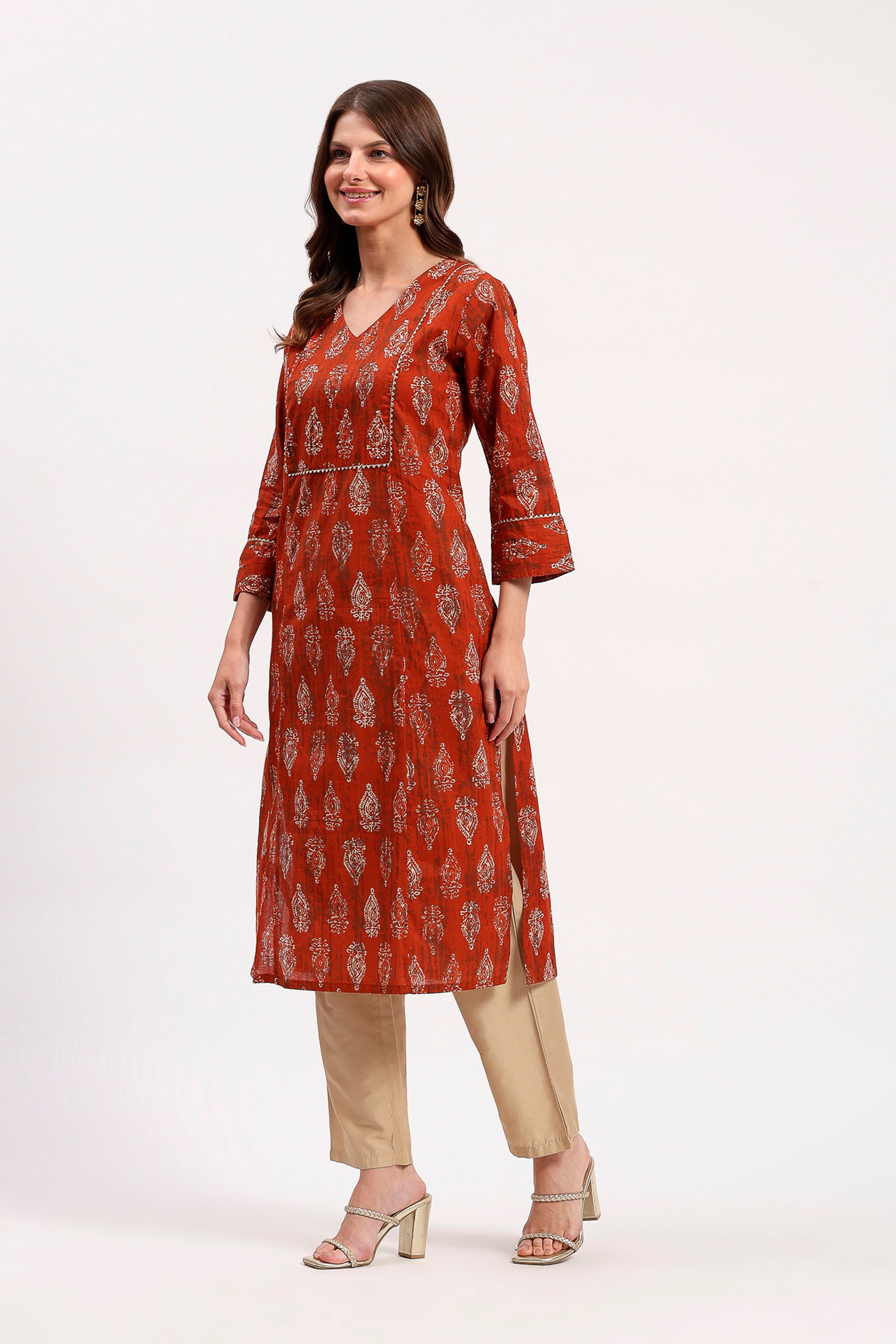 Rust Embellished Ethnic Kurta
