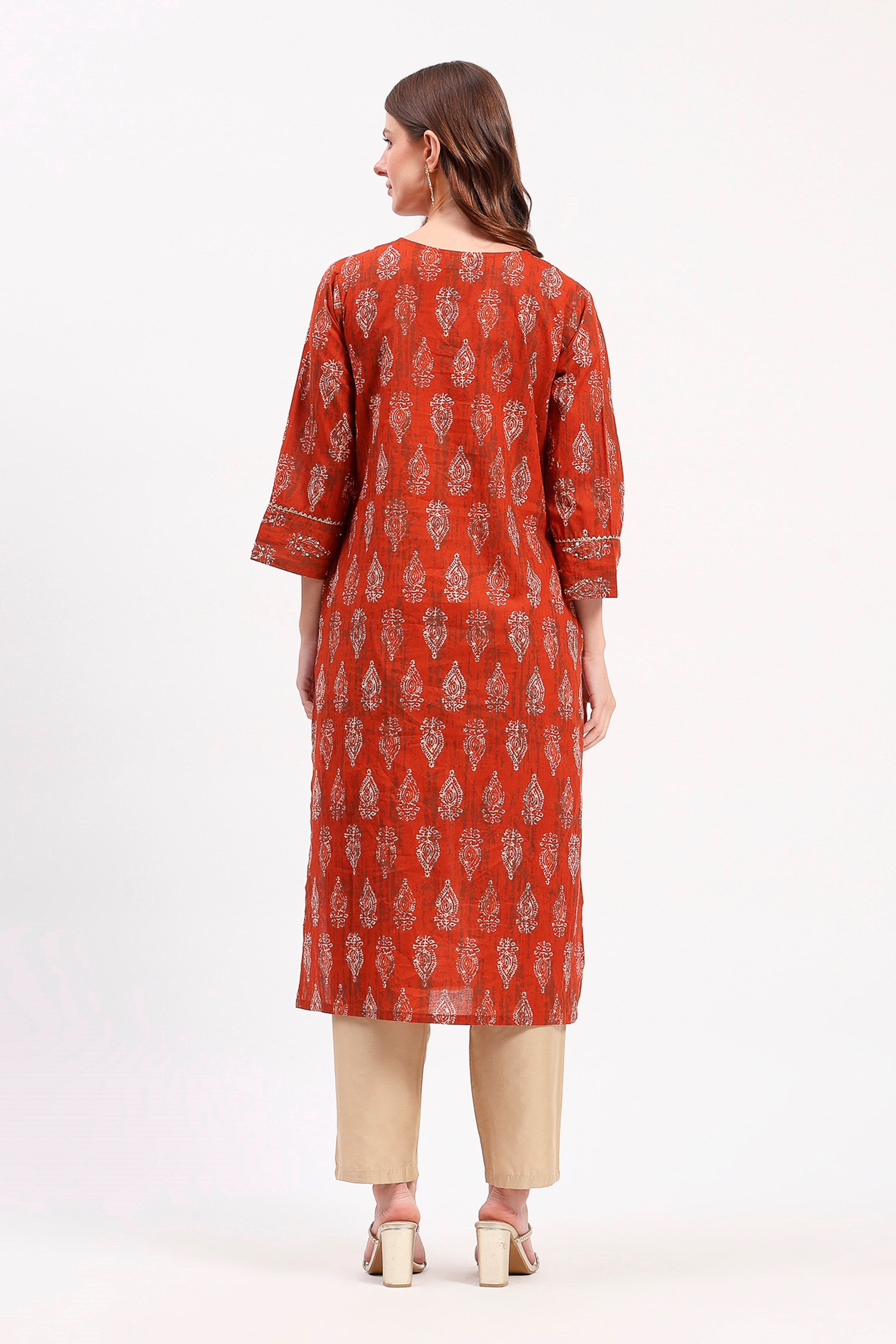 Rust Embellished Ethnic Kurta