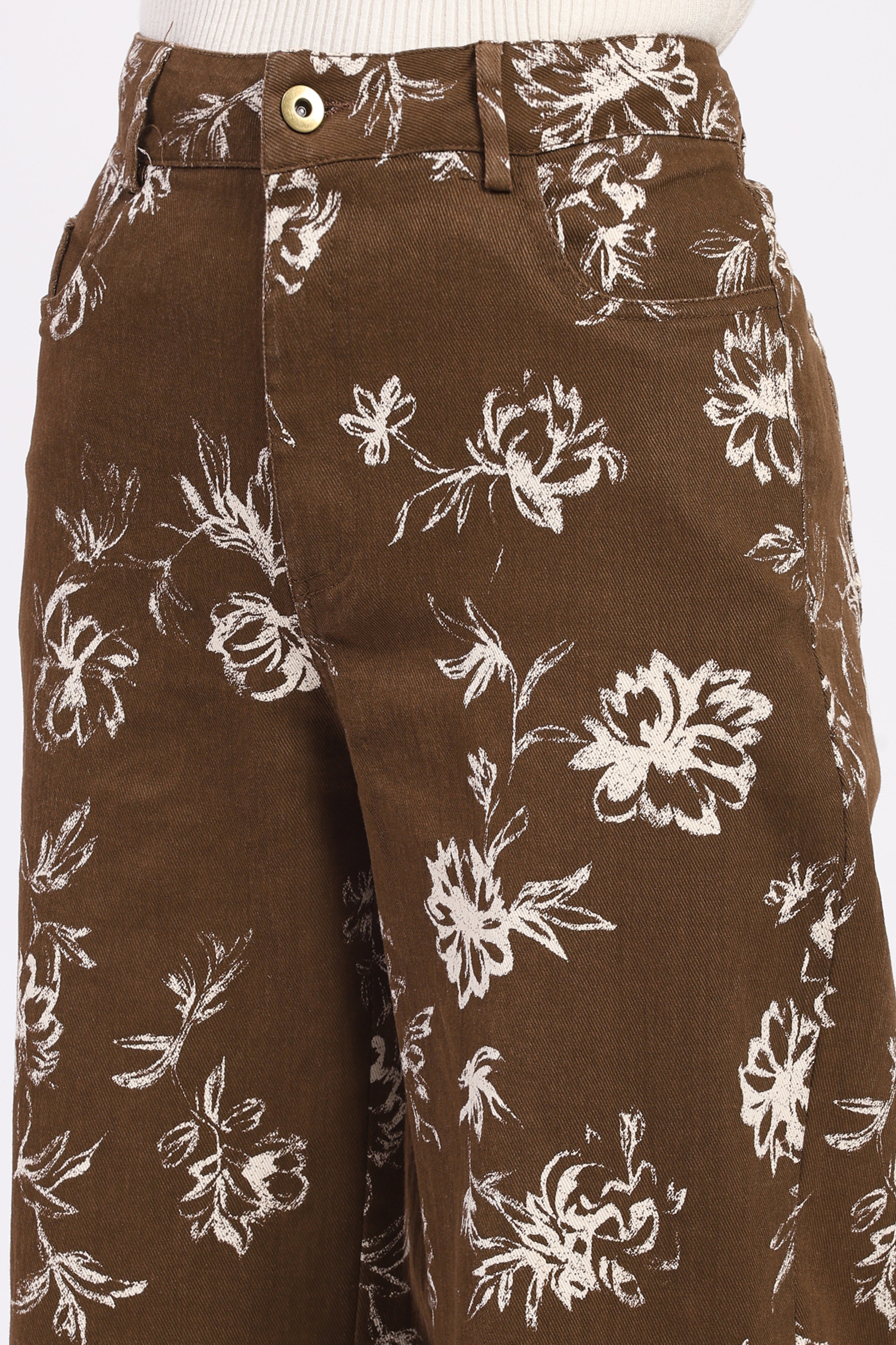 Brown Floral Print Cotton Trousers