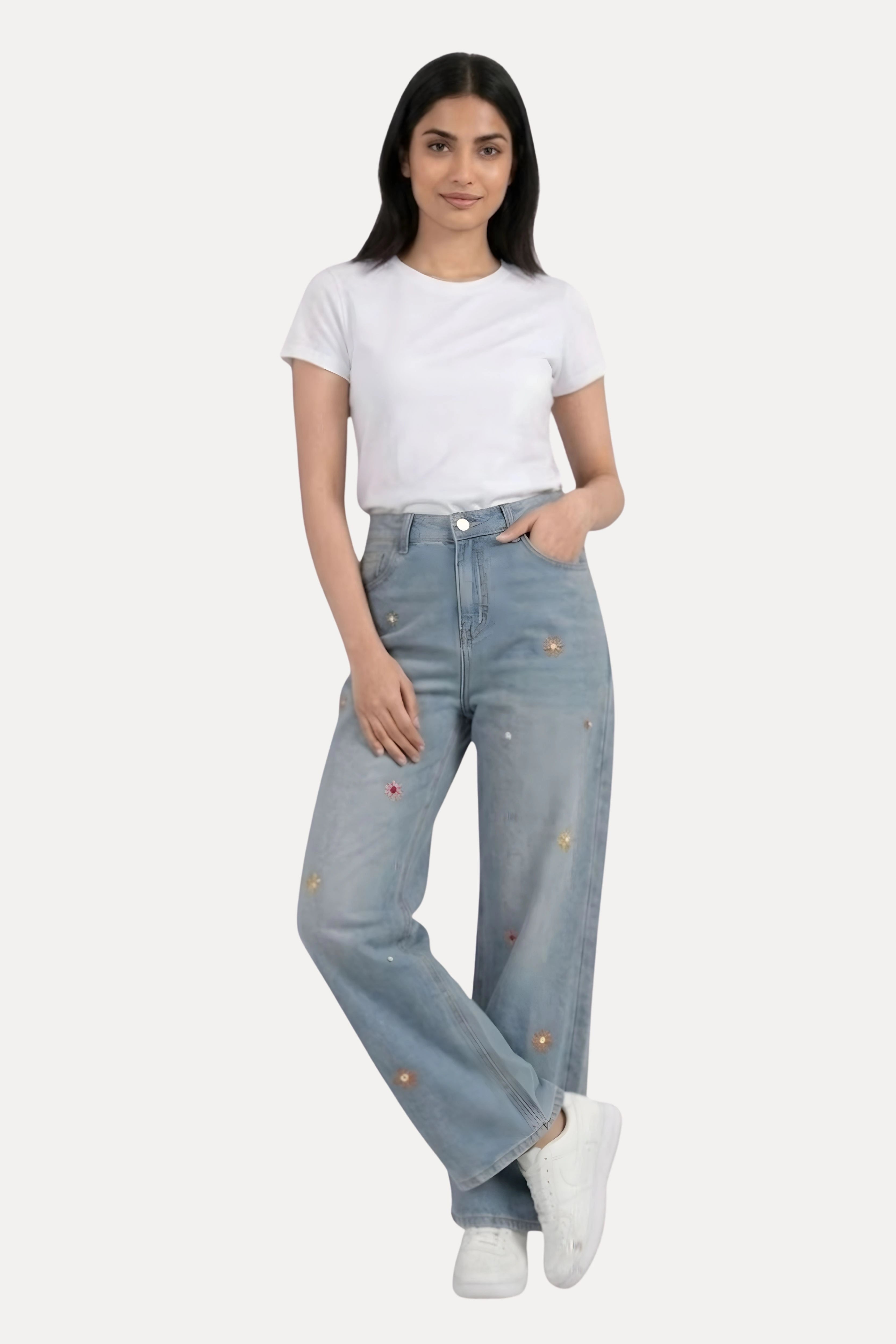 Floral Embroidered Baggy Denim Jeans
