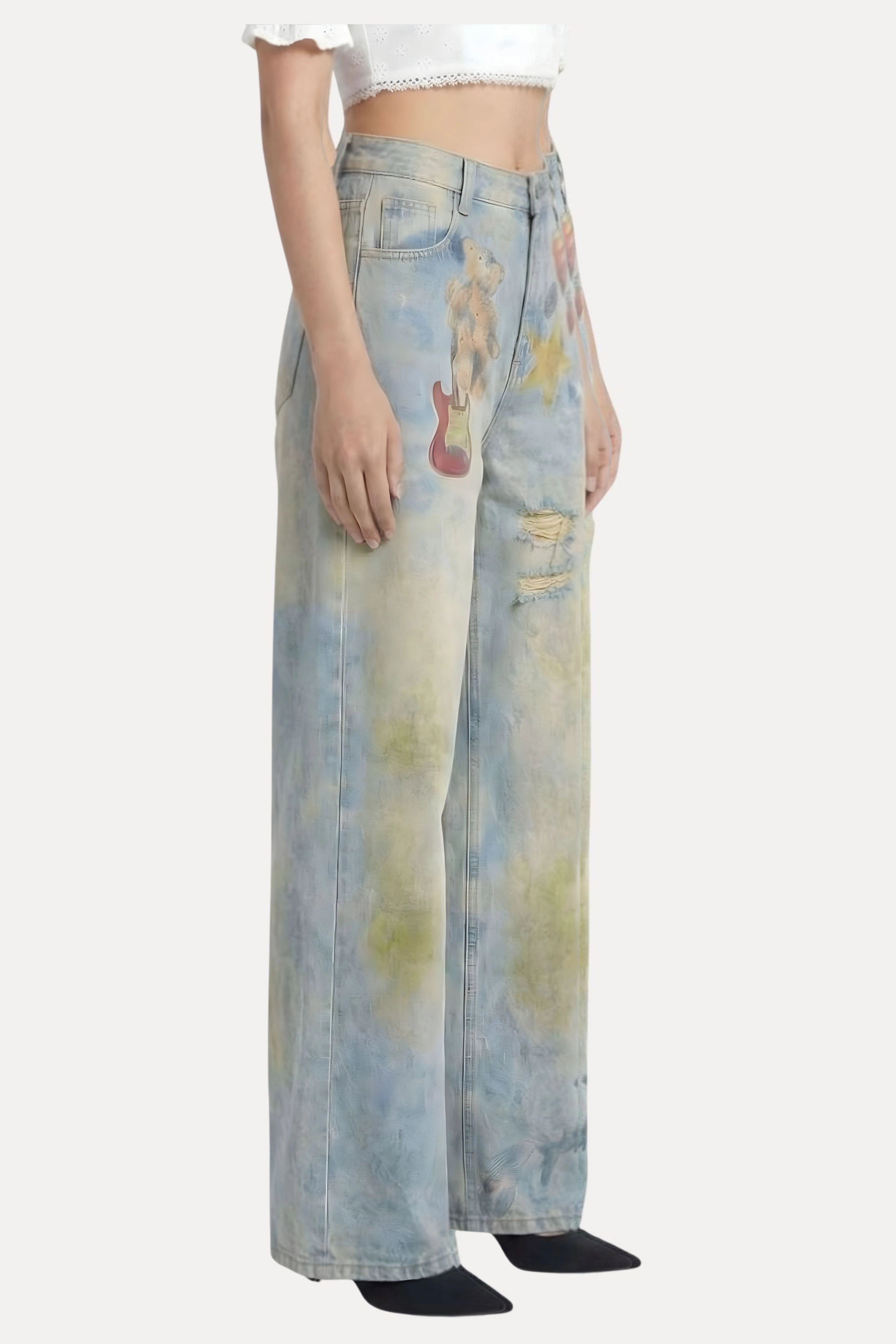 Greenish Blue Printed Denim Baggy Jeans